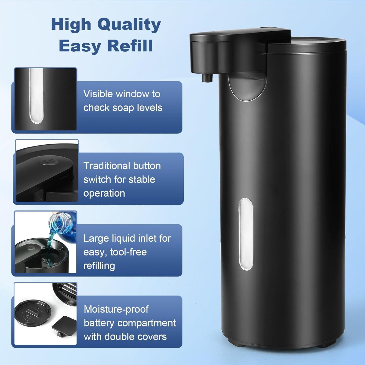 Dispensador Automático de Jabón VZZNN 340ml Acero Inoxidable Negro