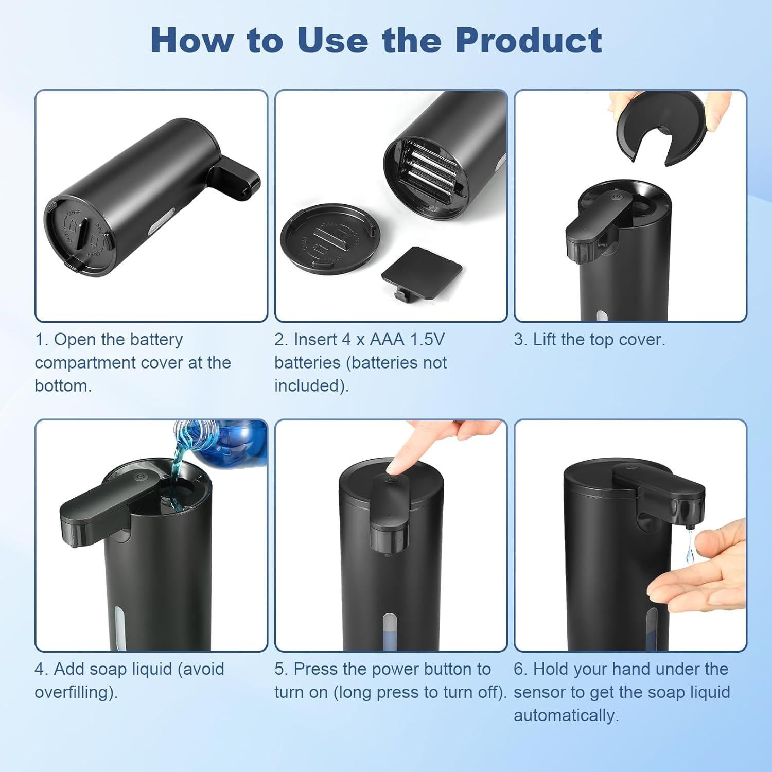 Dispensador Automático de Jabón VZZNN 340ml Acero Inoxidable Negro