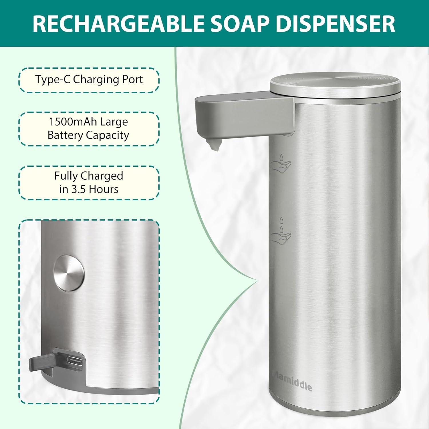 Dispensador Automático de Jabón Mamiddle Plata IPX5 USB-C