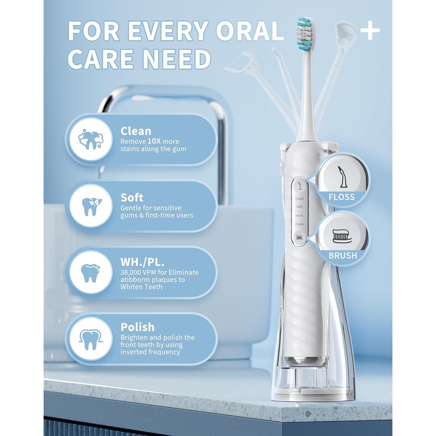 Cepillo de dientes eléctrico y irrigador Duolosy 4 en 1 blanco