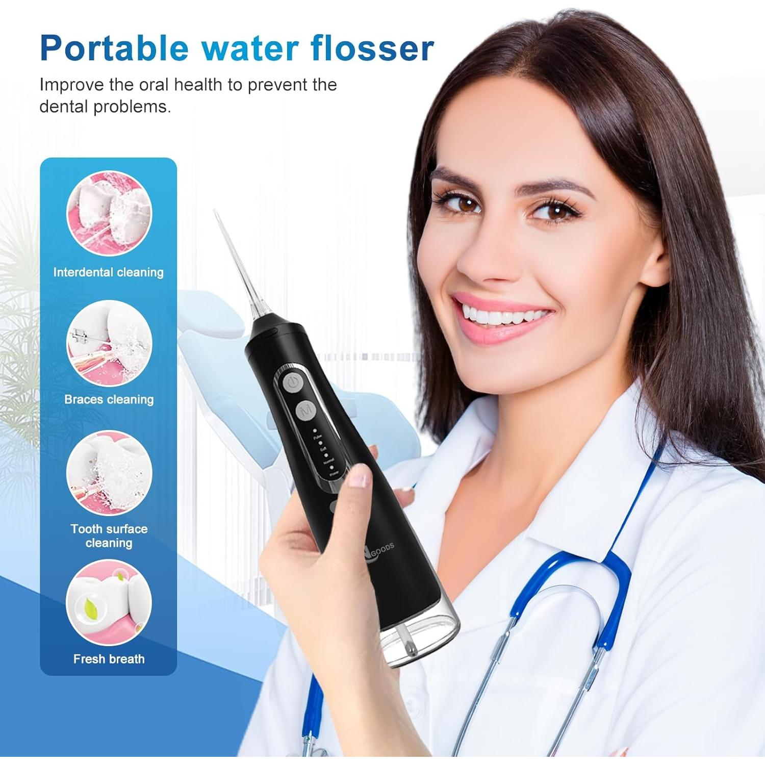 Irrigador bucal inalámbrico JNGOODS 310ml IPX7 4 modos negro