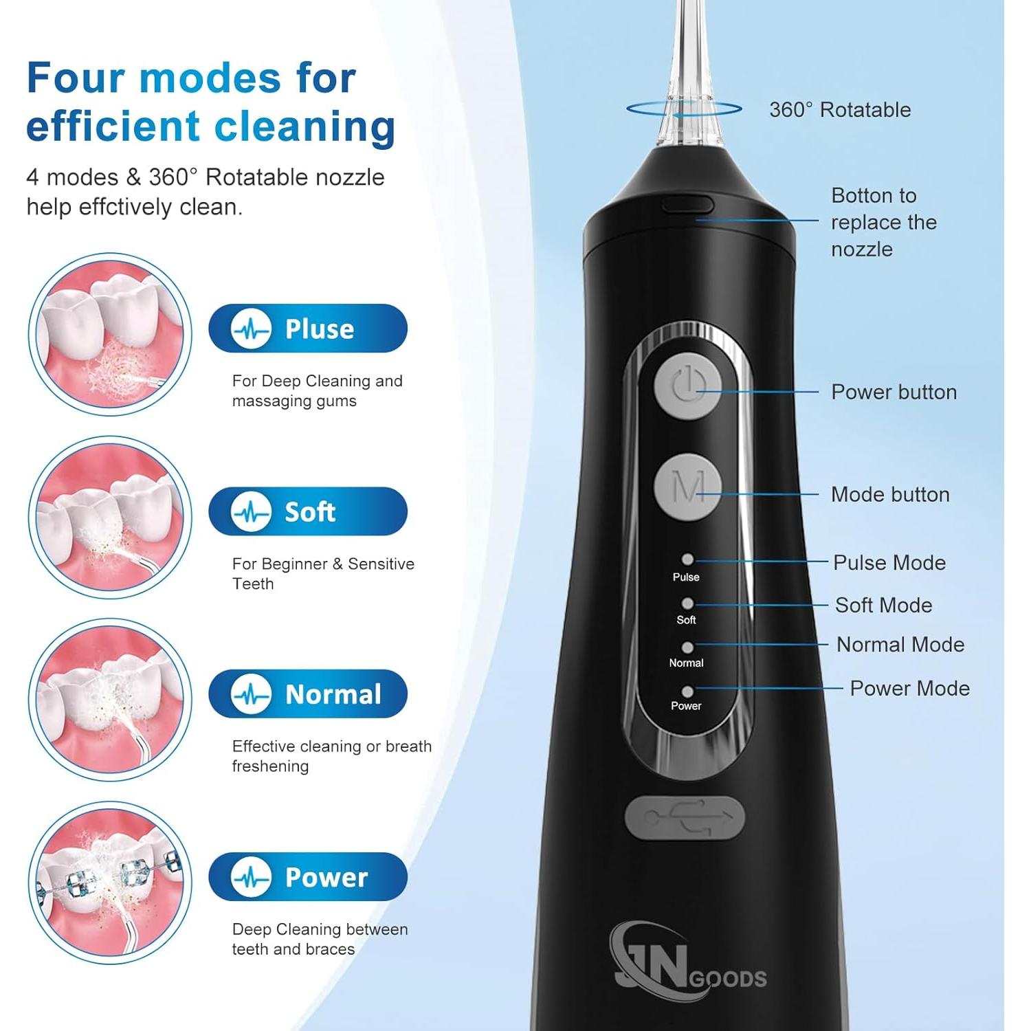Irrigador bucal inalámbrico JNGOODS 310ml IPX7 4 modos negro