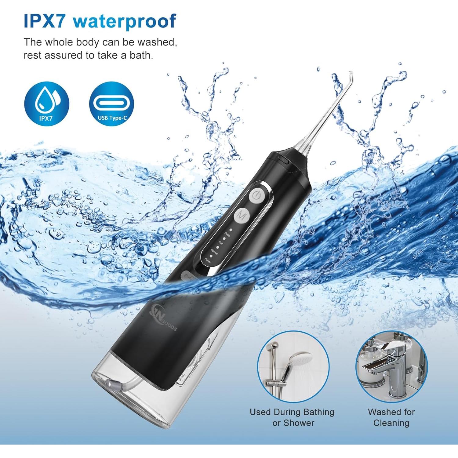 Irrigador bucal inalámbrico JNGOODS 310ml IPX7 4 modos negro