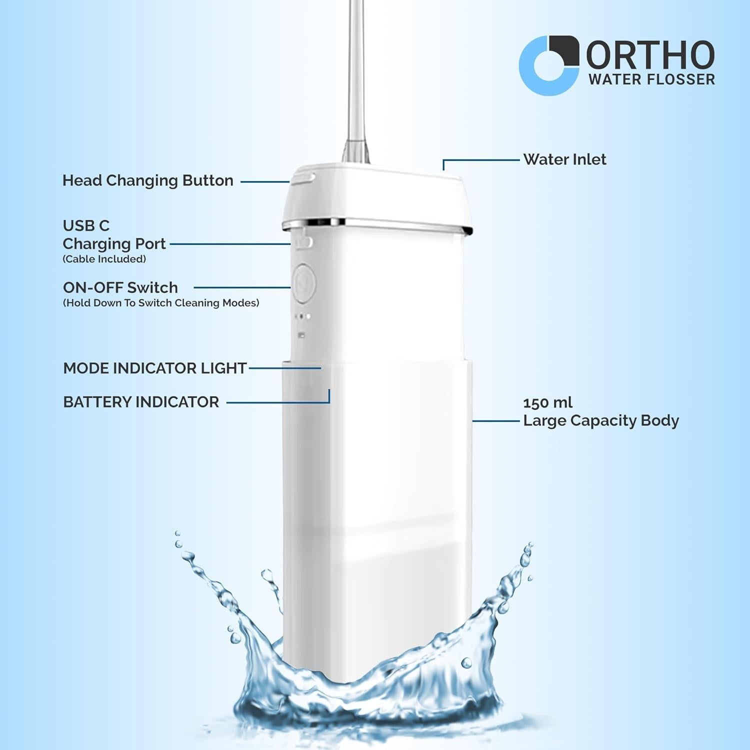 Hilo Dental Eléctrico Ortho Water - Portátil, 3 Modos, IPX8