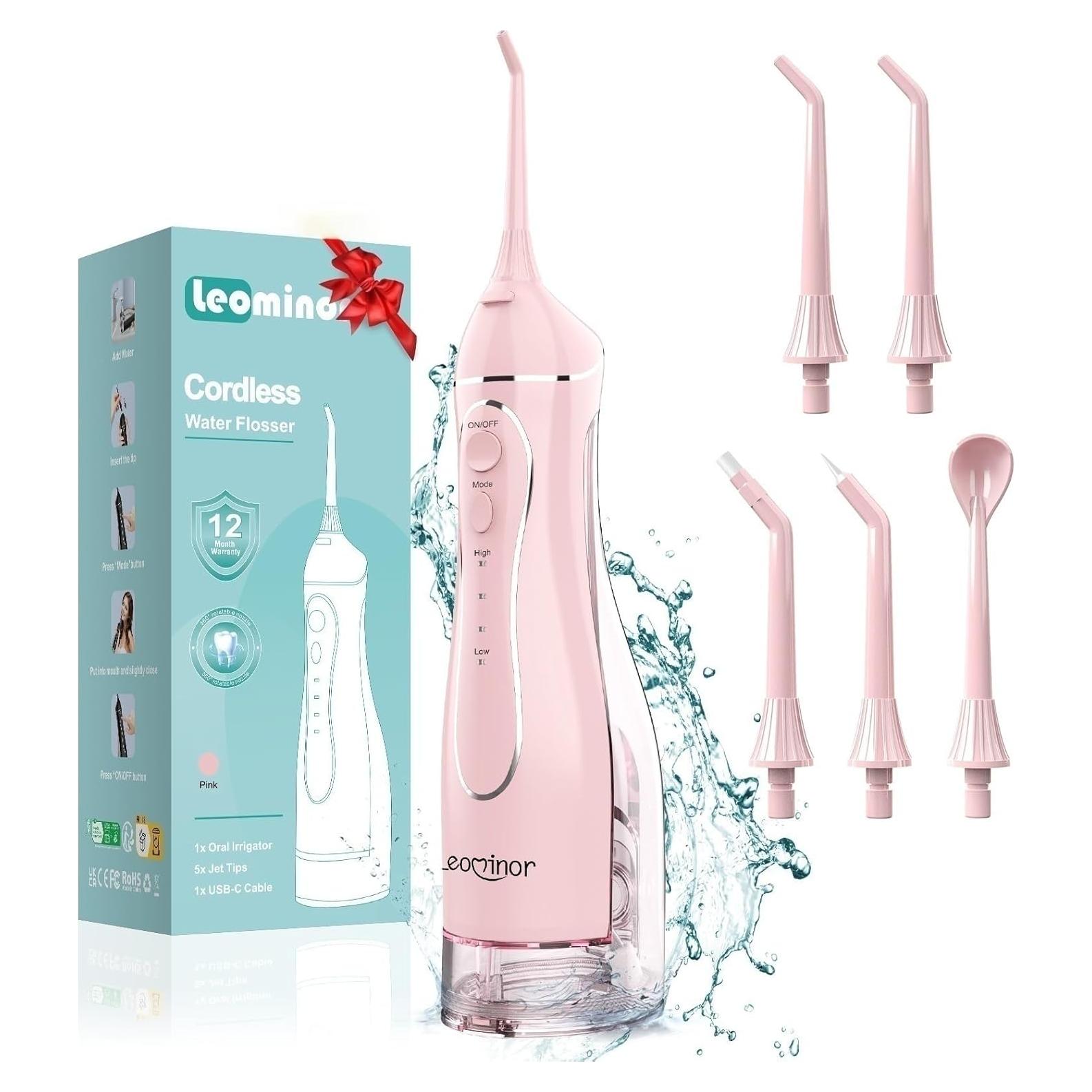 Irrigador Dental Portátil Leominor Rosa 300ml IPX7 Recargable