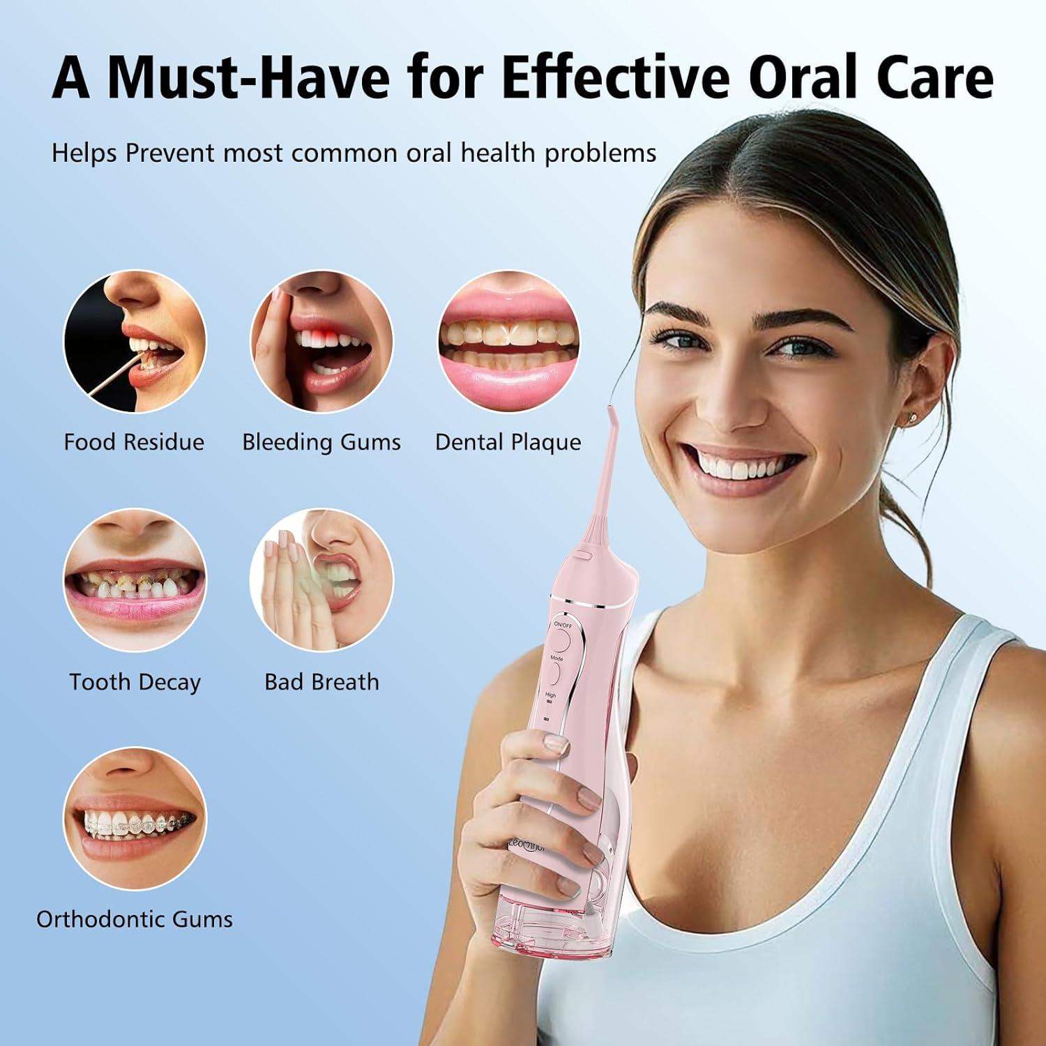 Irrigador Dental Portátil Leominor Rosa 300ml IPX7 Recargable