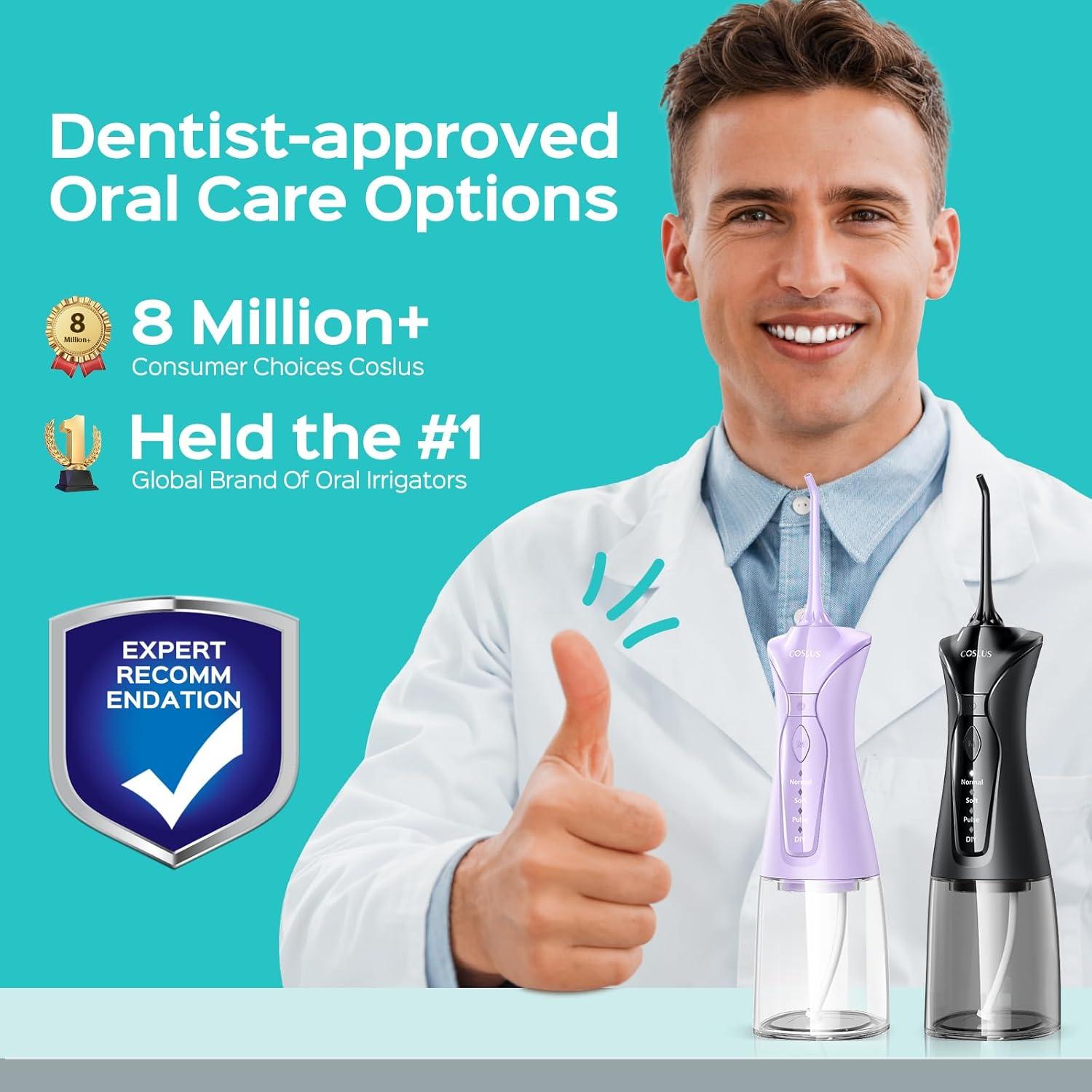 COSLUS Flosser de Agua Inalámbrico 2 Paquetes 3 Modos 8 Niveles