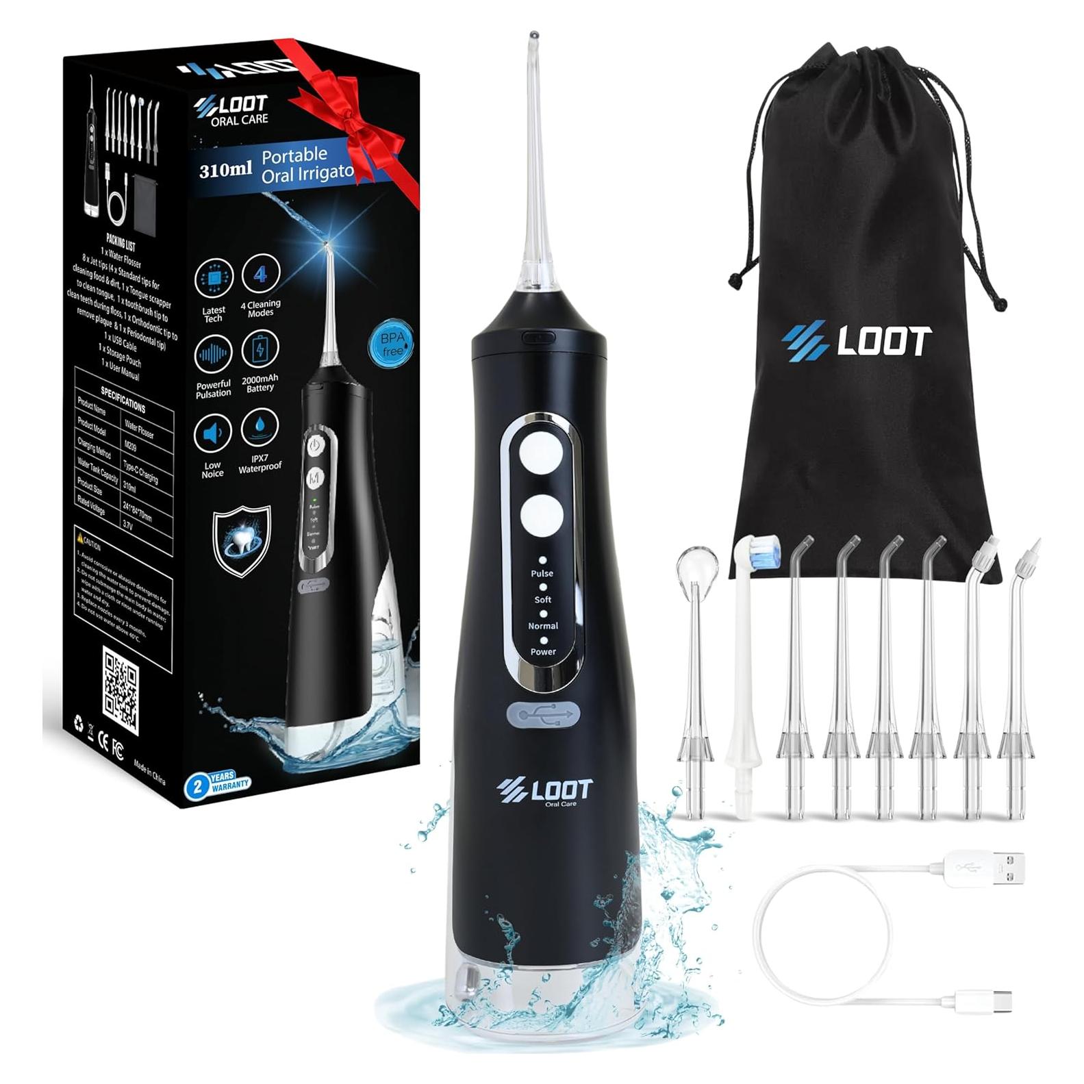 Hilo Dental Eléctrico Loot Negro 310ML 4 Modos 8 Puntas