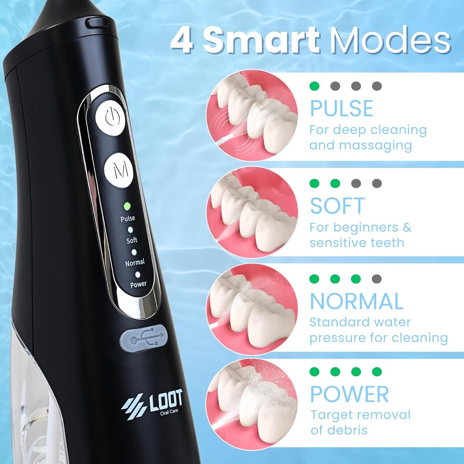 Hilo Dental Eléctrico Loot Negro 310ML 4 Modos 8 Puntas