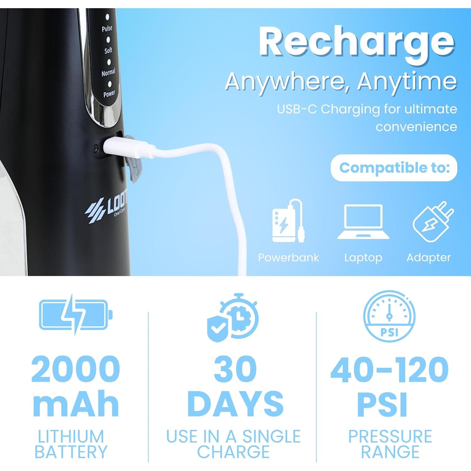 Hilo Dental Eléctrico Loot Negro 310ML 4 Modos 8 Puntas