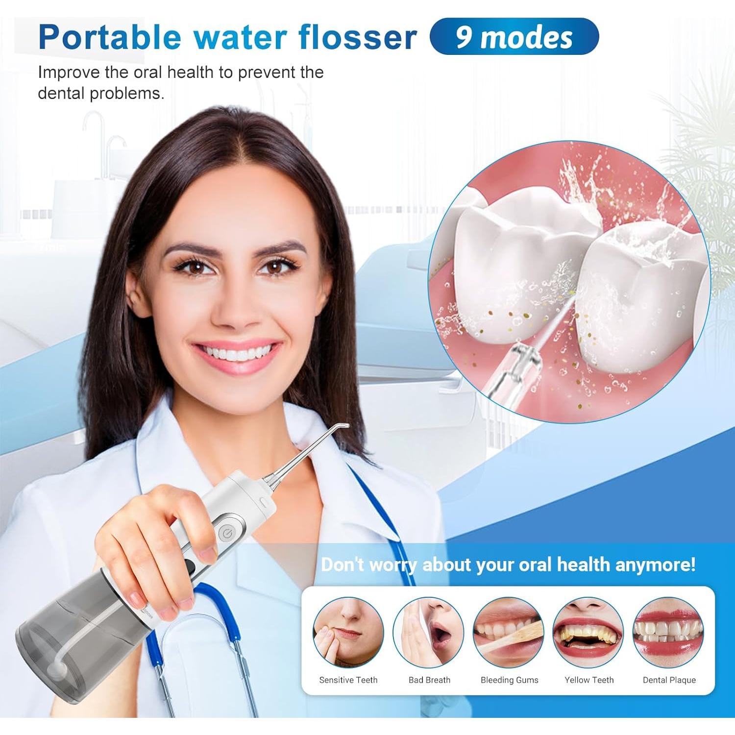 Irrigador Oral JNGOODS 300ml Recargable IPX7 9 Modos Blanco