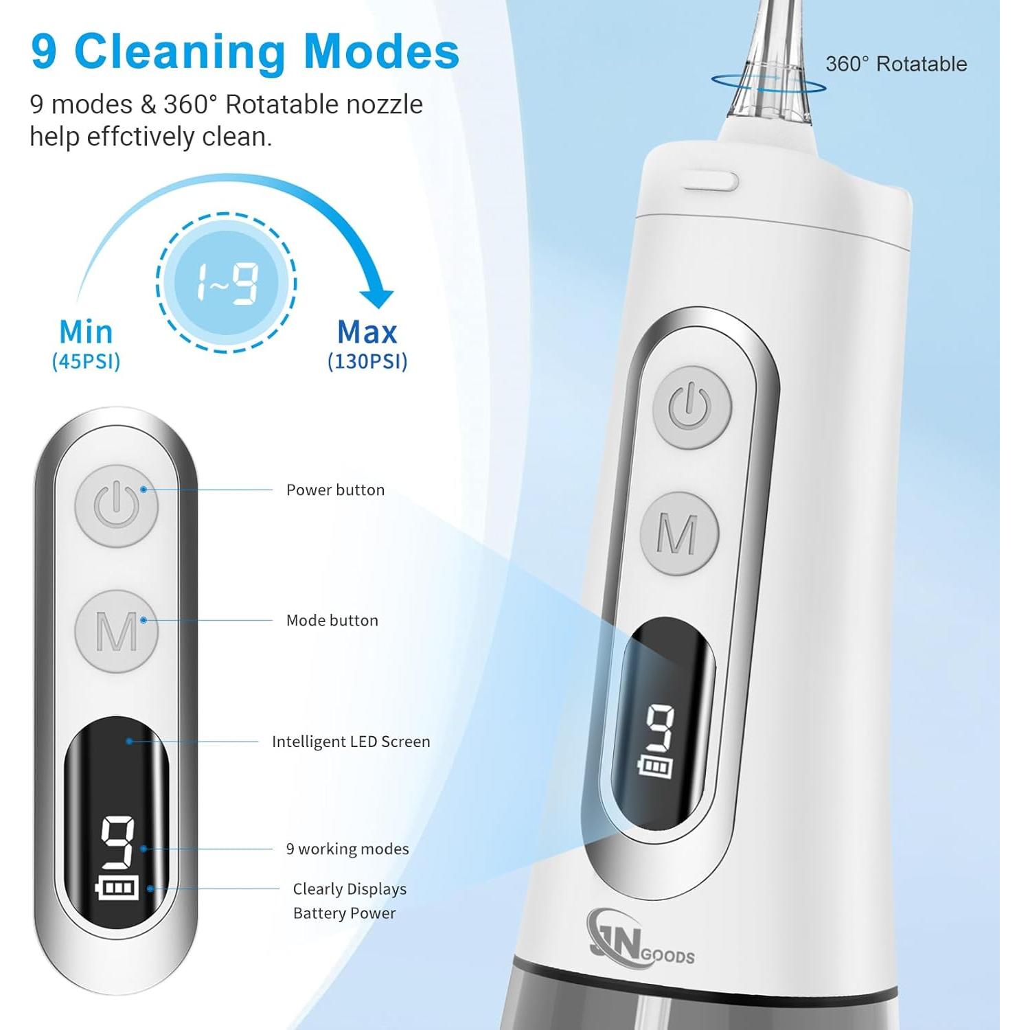 Irrigador Oral JNGOODS 300ml Recargable IPX7 9 Modos Blanco