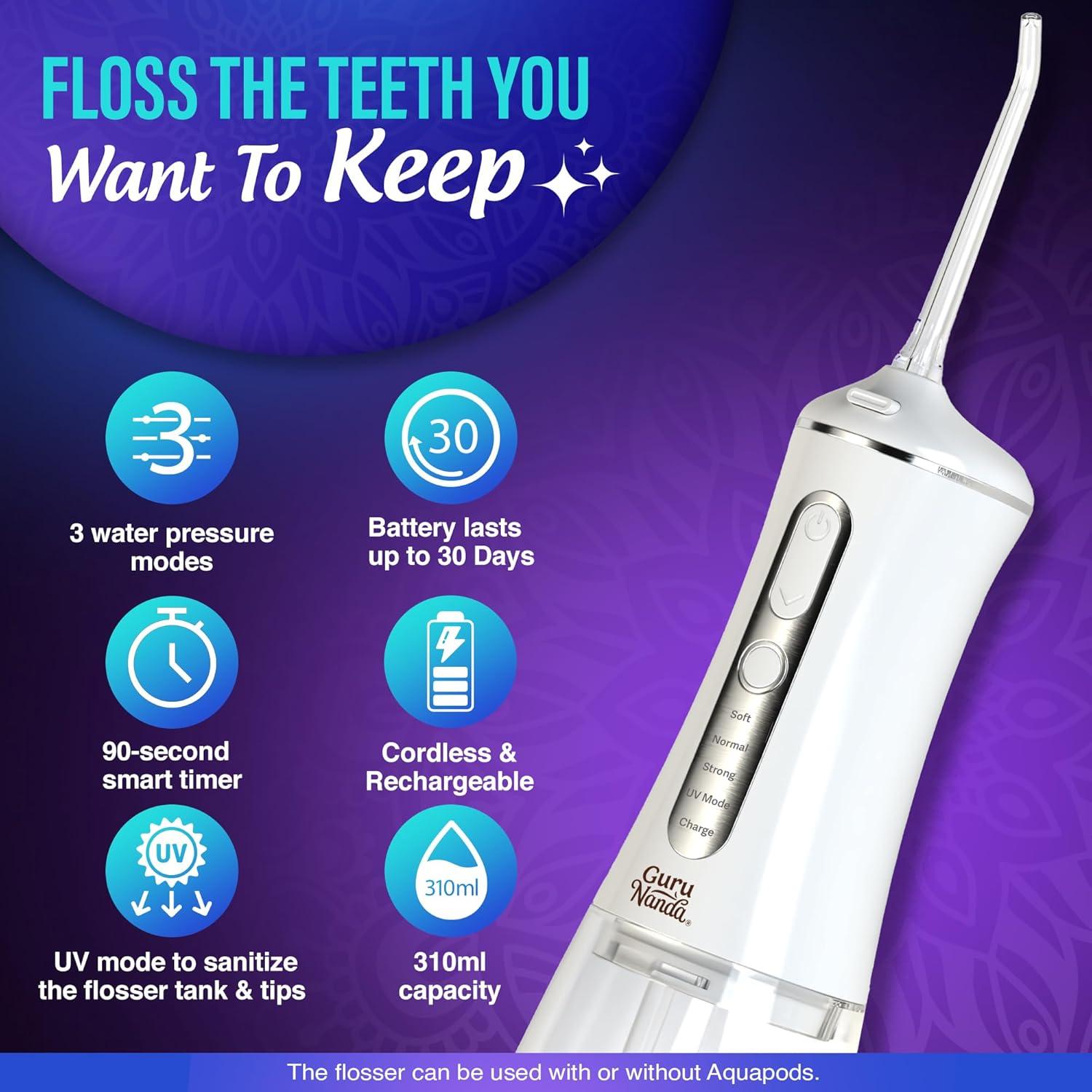 Flosser Dental GuruNanda 3.0 con Modo UV y 24 Aquapods