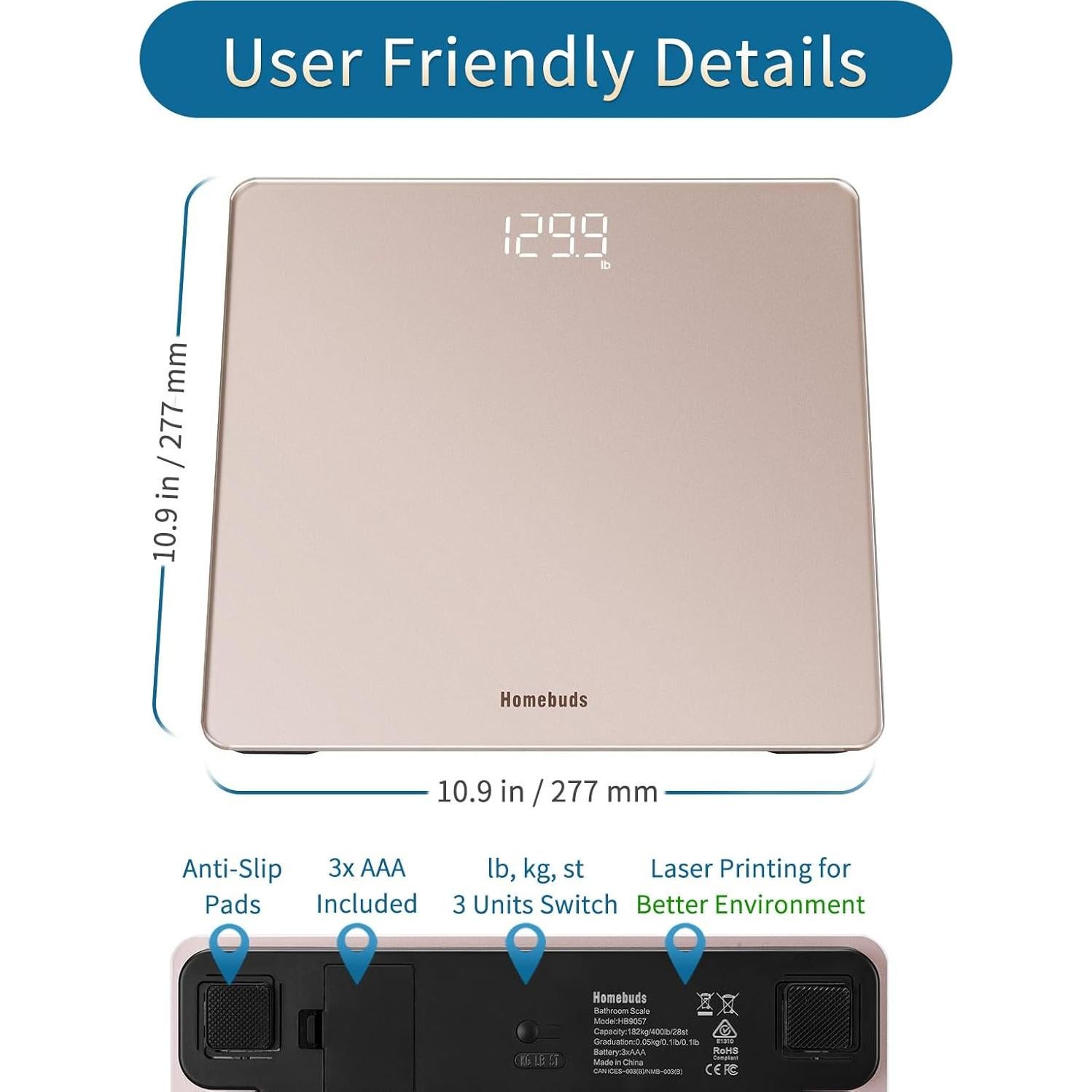 Báscula Digital de Baño Homebuds HB9057, 182kg, LED Brillante