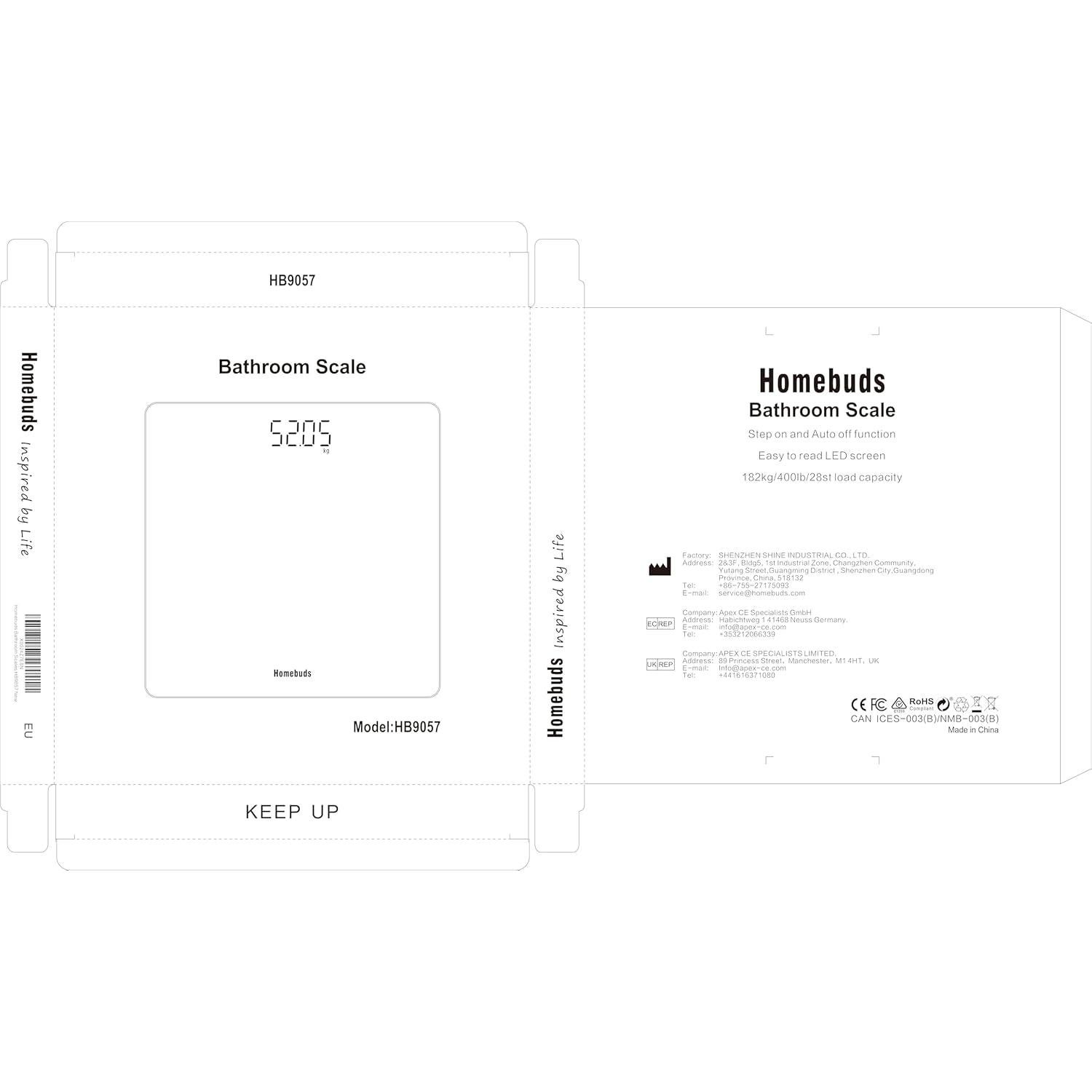 Báscula Digital de Baño Homebuds HB9057, 182kg, LED Brillante