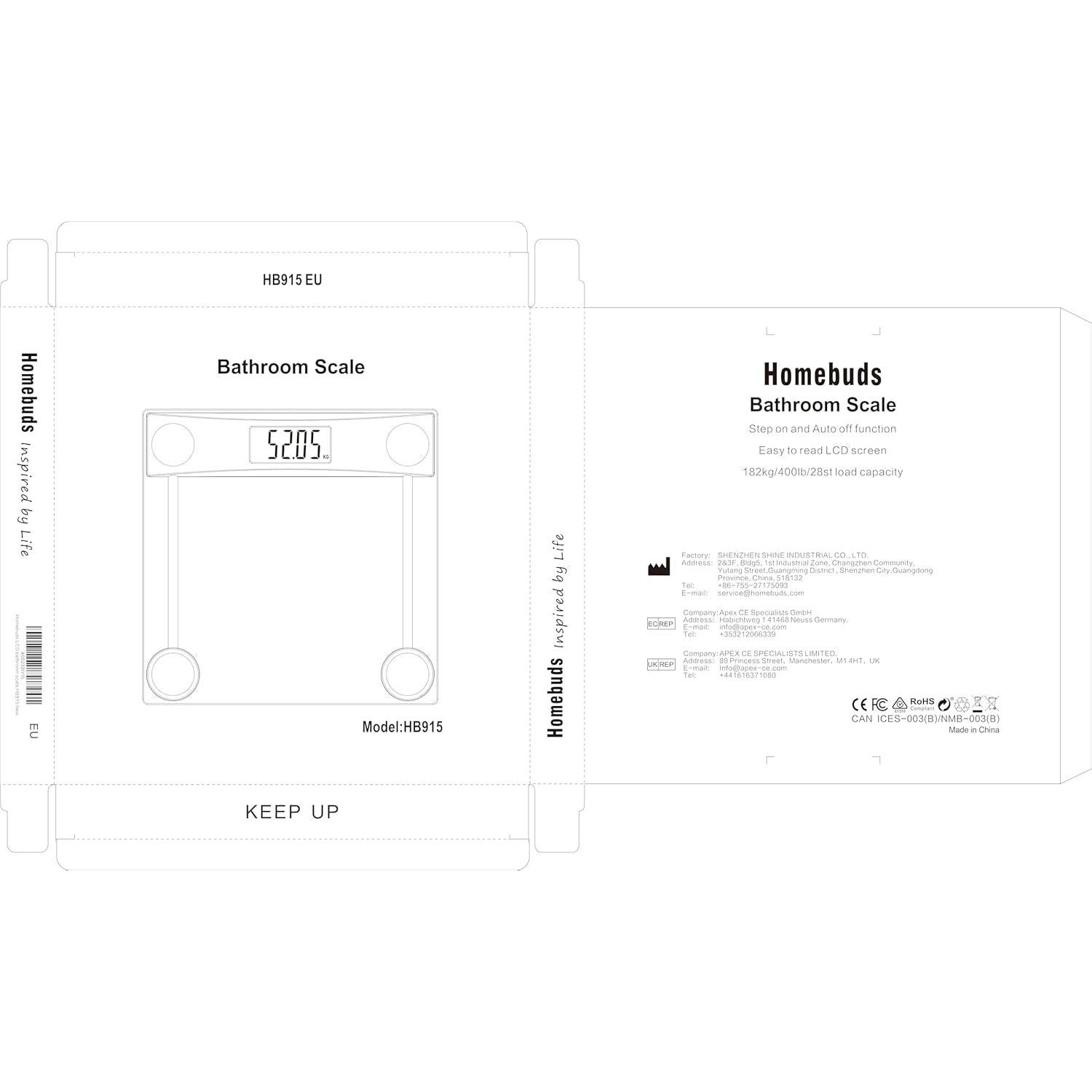 Báscula Digital de Baño Homebuds HB915, 182kg, LCD Azul