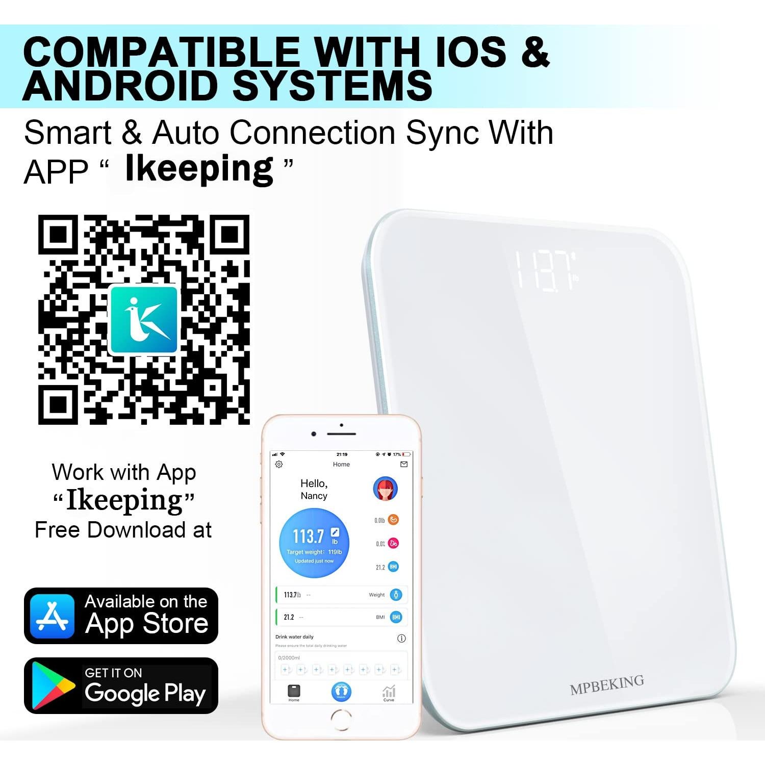 Báscula Digital Bluetooth MPBEKING 181kg LCD Blanca