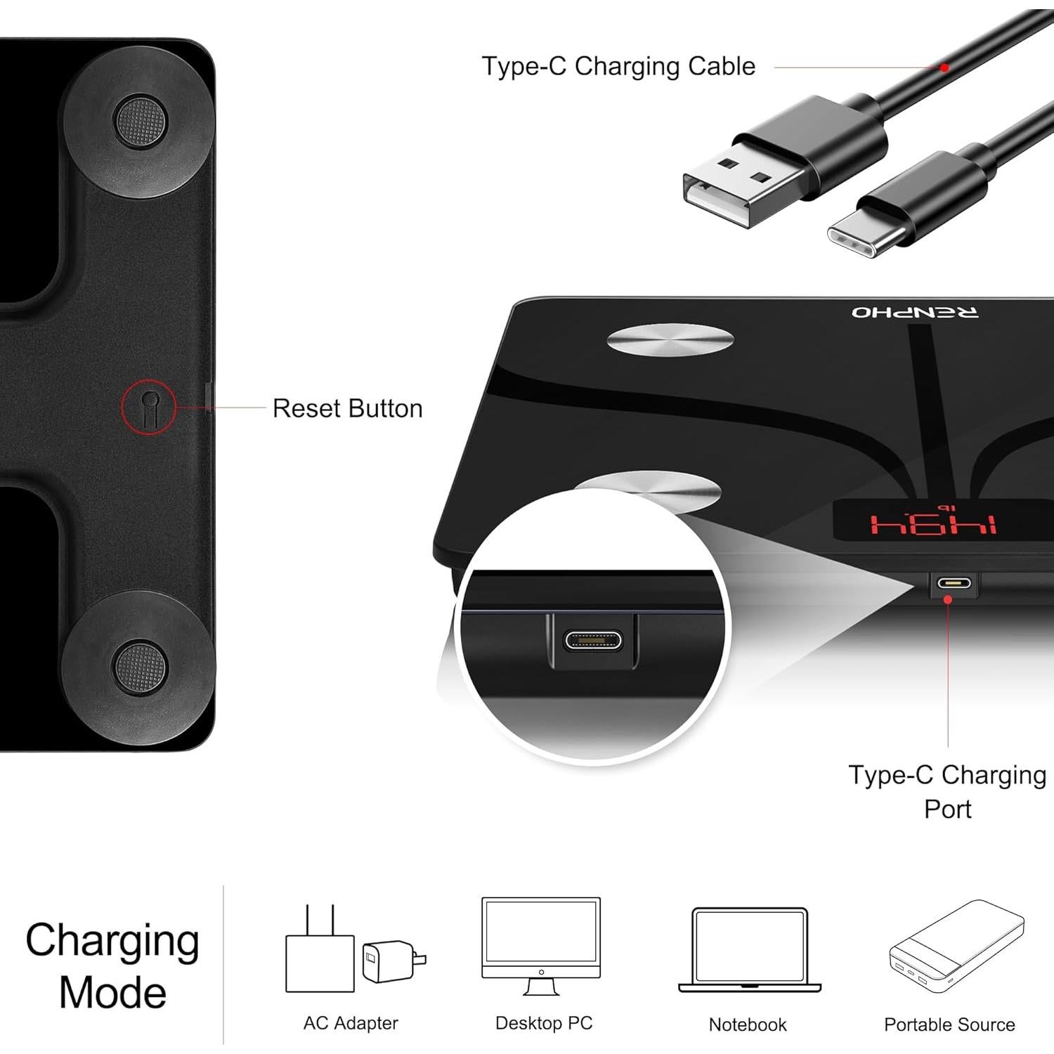 Báscula Inteligente RENPHO Digital 180 kg USB-C 13 Medidas