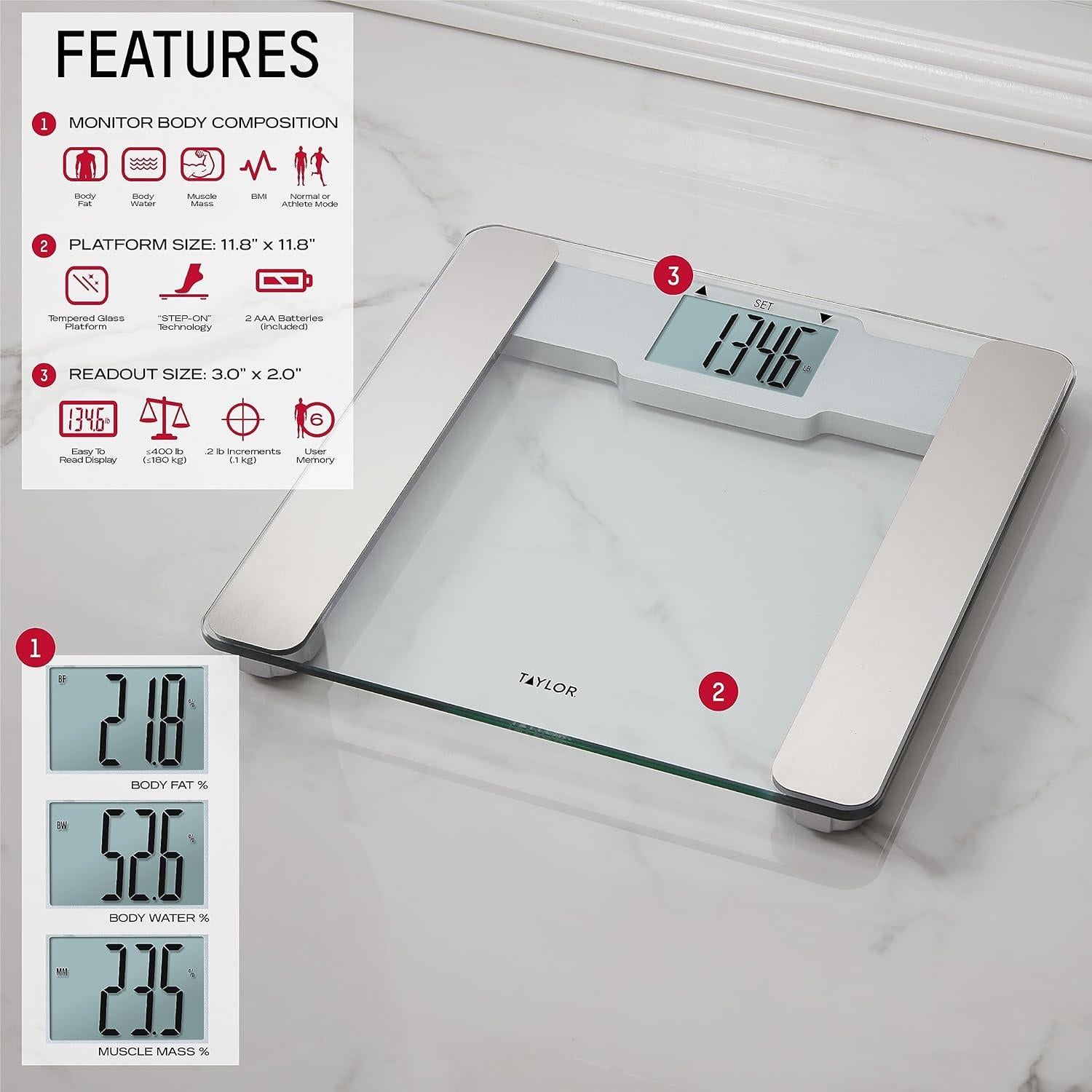 Escala de Composición Corporal Digital Taylor, 181 kg, Vidrio