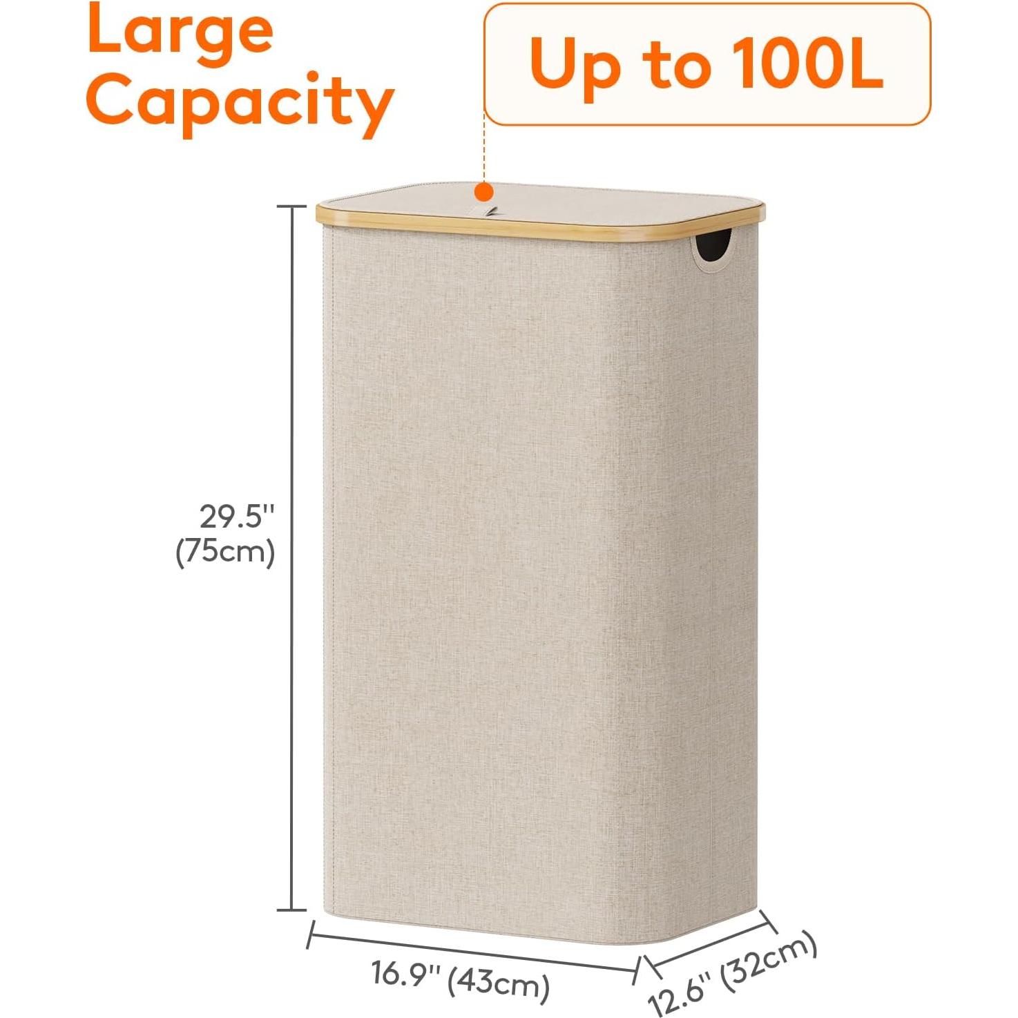Cesta de Ropa Lifewit 100L con Tapa y Bolsa Extraíble Beige
