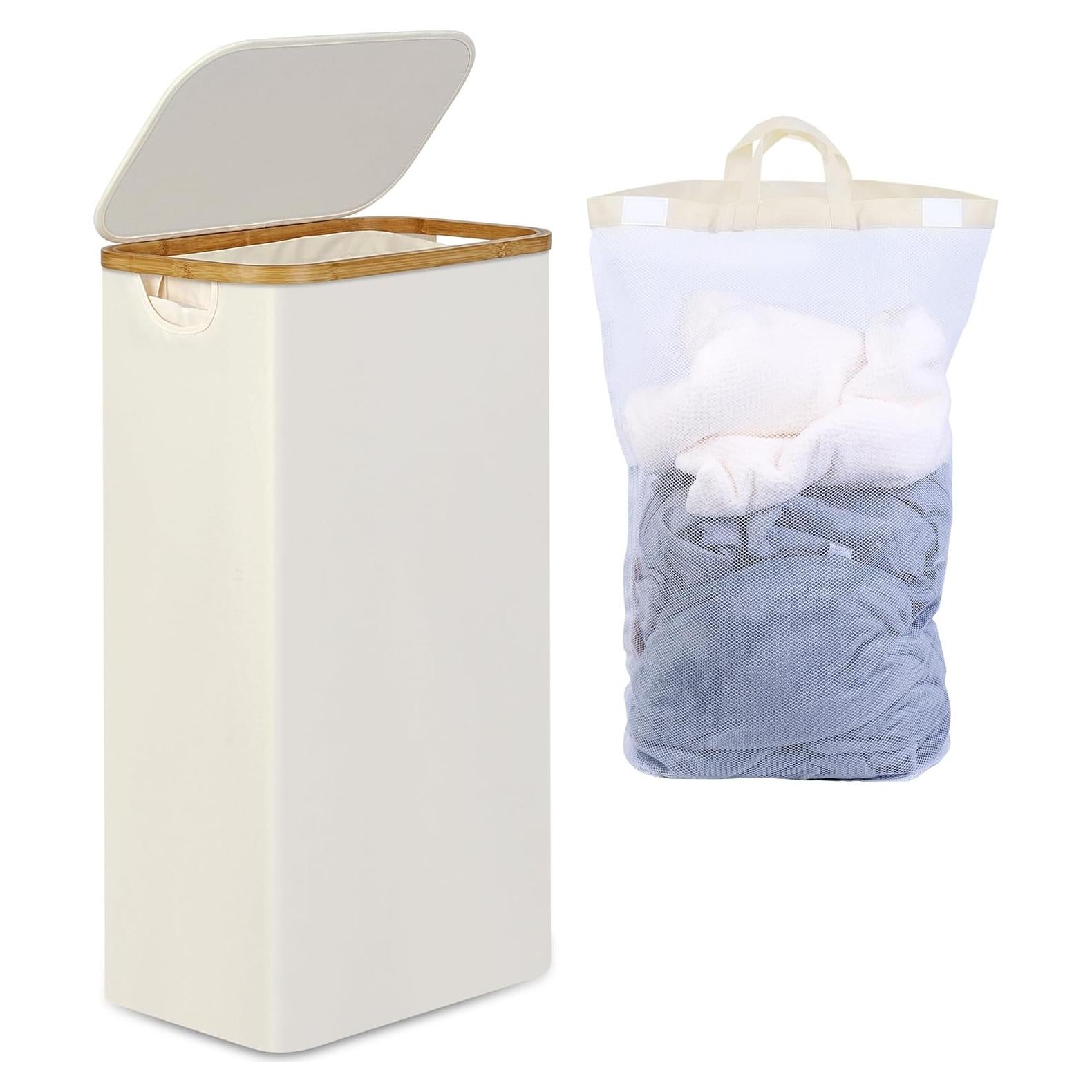 Cesta de Lavandería Efluky 75L Beige con Tapa y Asas de Bambú