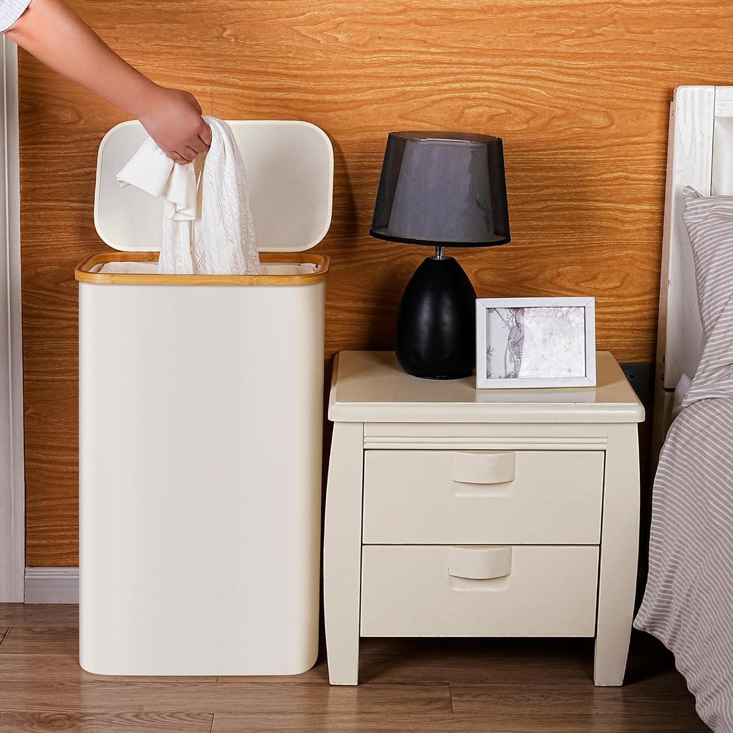 Cesta de Lavandería Efluky 75L Beige con Tapa y Asas de Bambú