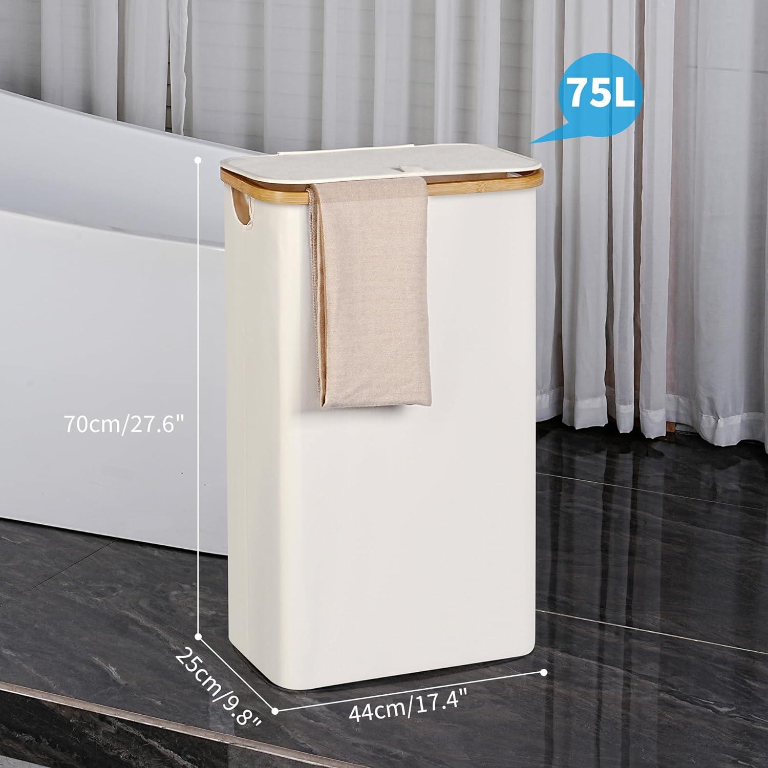 Cesta de Lavandería Efluky 75L Beige con Tapa y Asas de Bambú