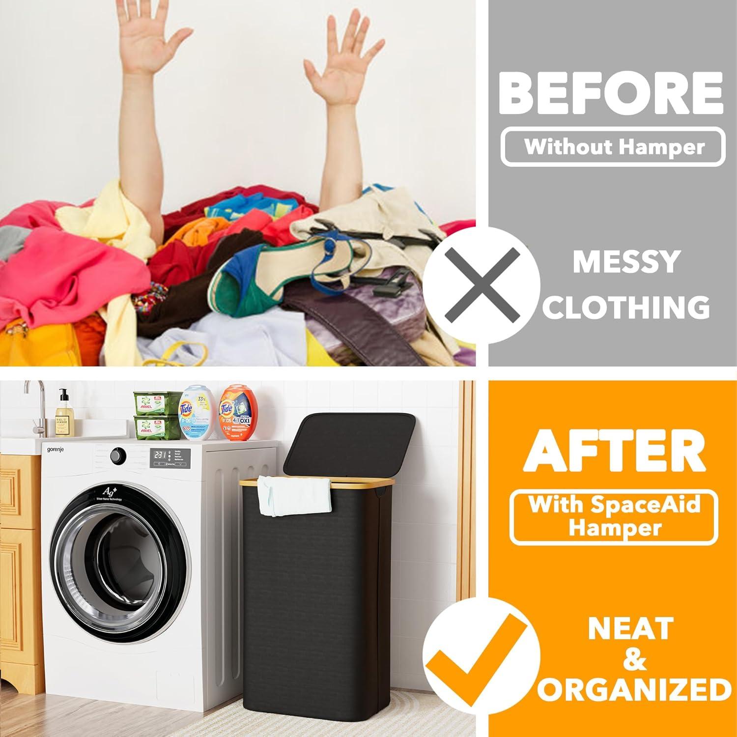 Cesta de Ropa SpaceAid 110L con Tapa y Mangos de Bambú - Negro