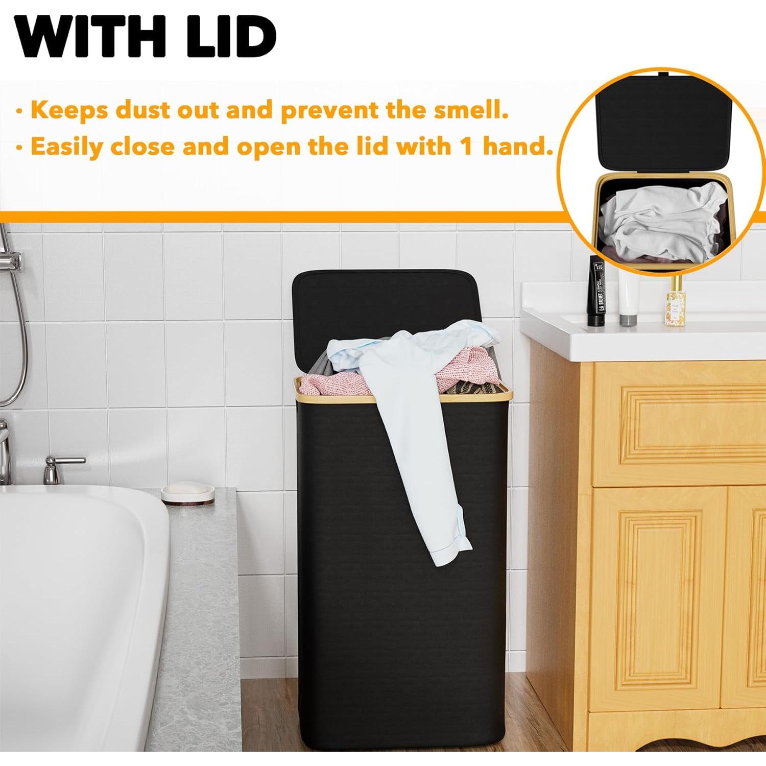 Cesta de Ropa SpaceAid 110L con Tapa y Mangos de Bambú - Negro