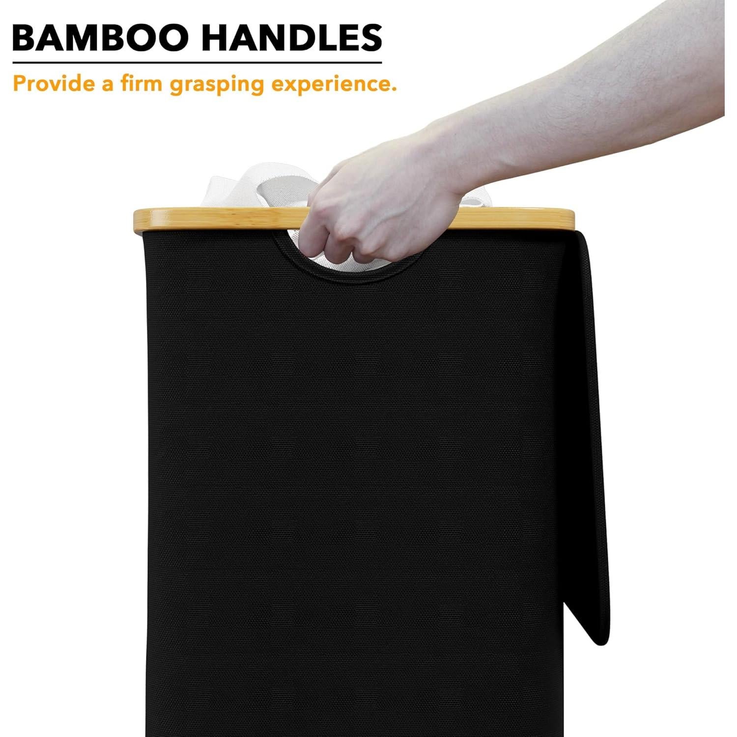Cesta de Ropa SpaceAid 110L con Tapa y Mangos de Bambú - Negro