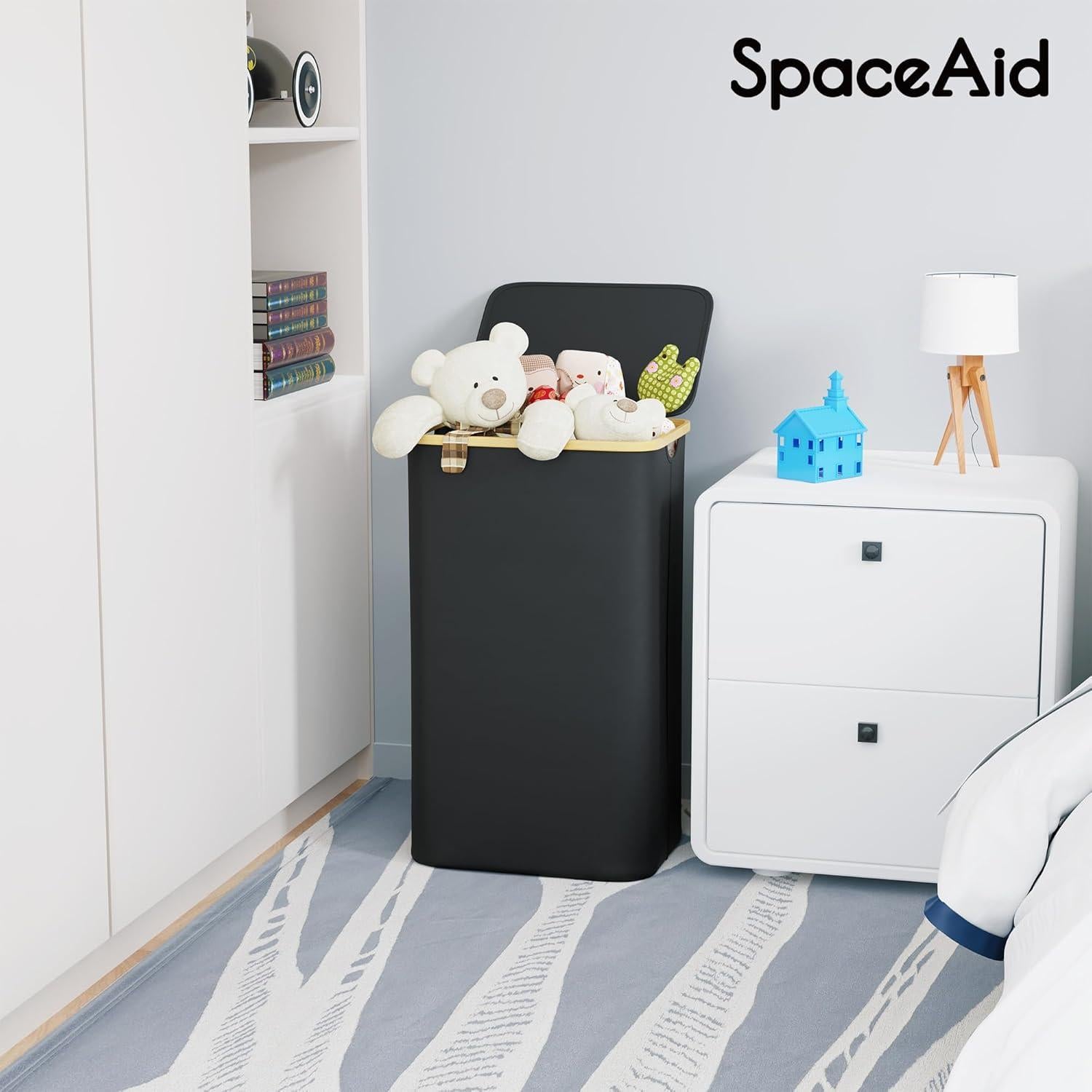 Cesta de Ropa SpaceAid 110L con Tapa y Mangos de Bambú - Negro