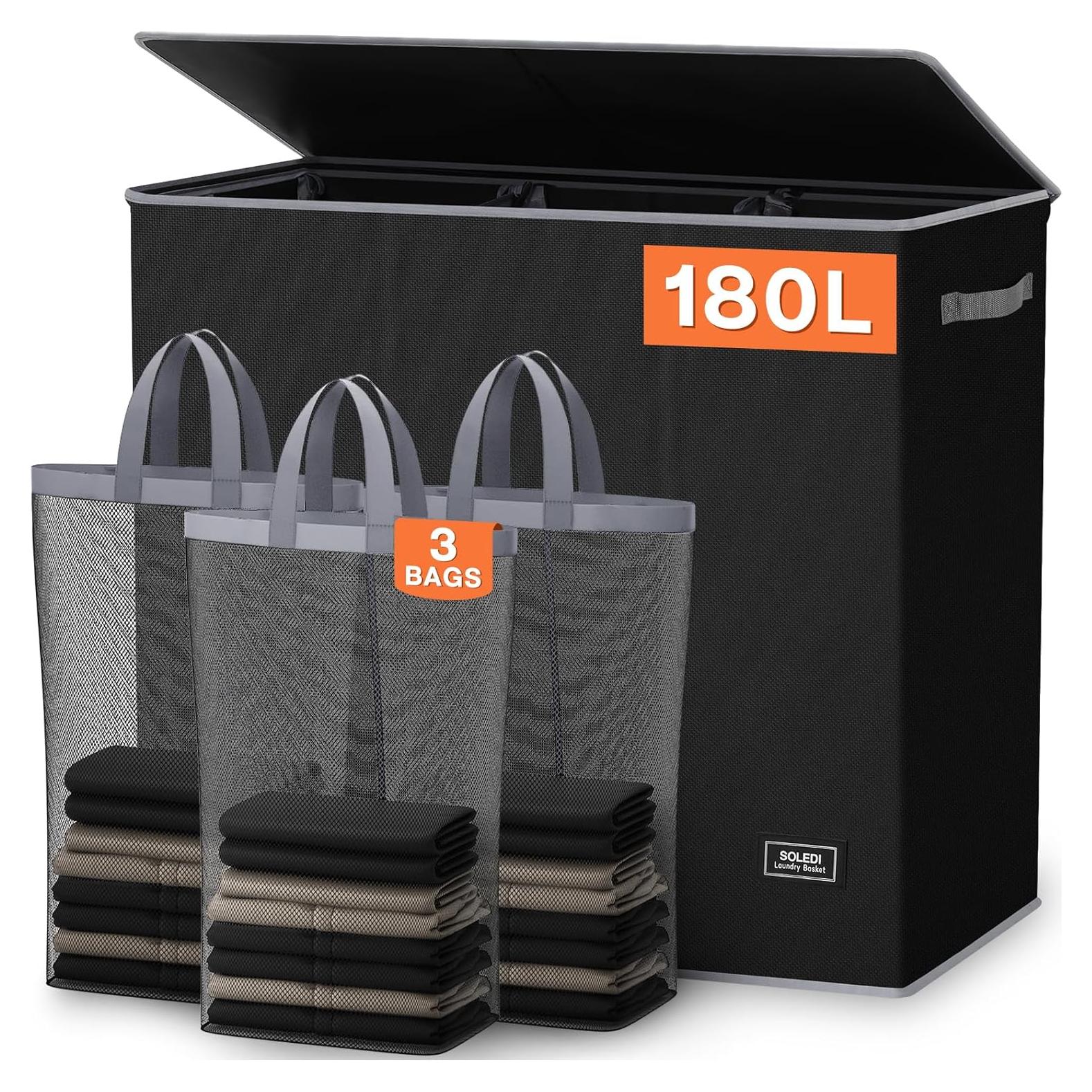 Cesto de Ropa SOLEDI 180L 3 Secciones con Tapa y Asa