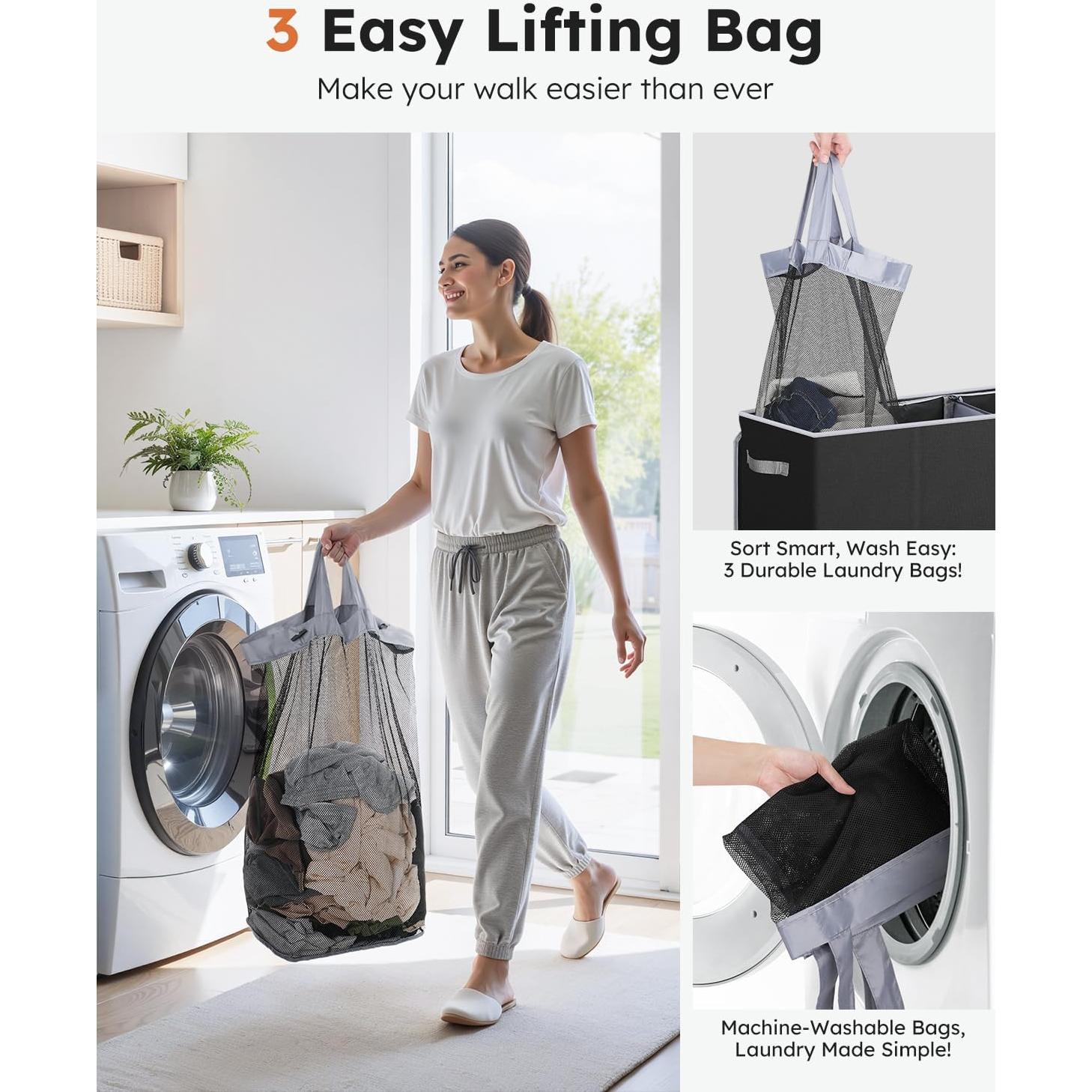 Cesto de Ropa SOLEDI 180L 3 Secciones con Tapa y Asa