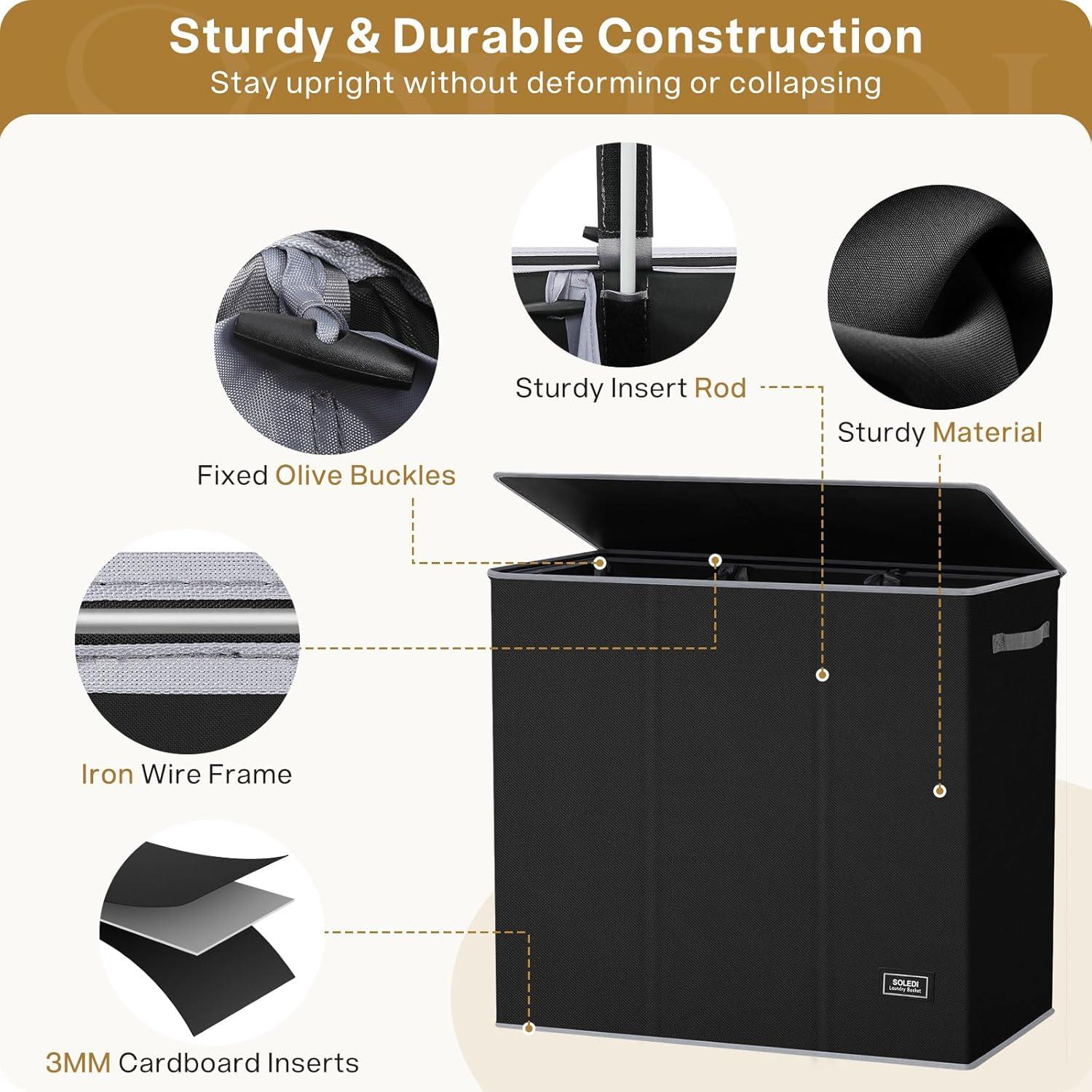 Cesto de Ropa SOLEDI 180L 3 Secciones con Tapa y Asa