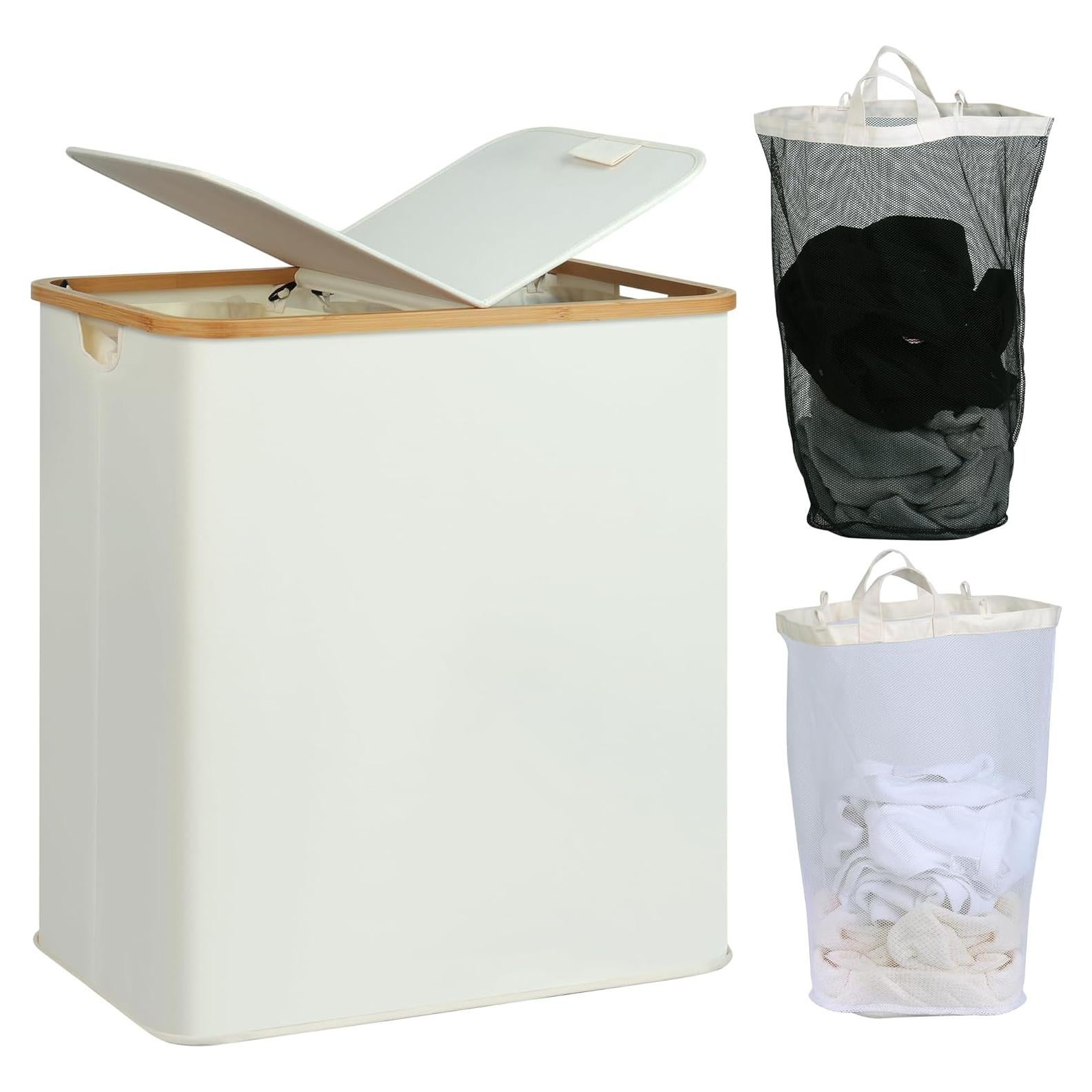 Cesto de Ropa Doble efluky 140L Beige con Tapa y Mangos