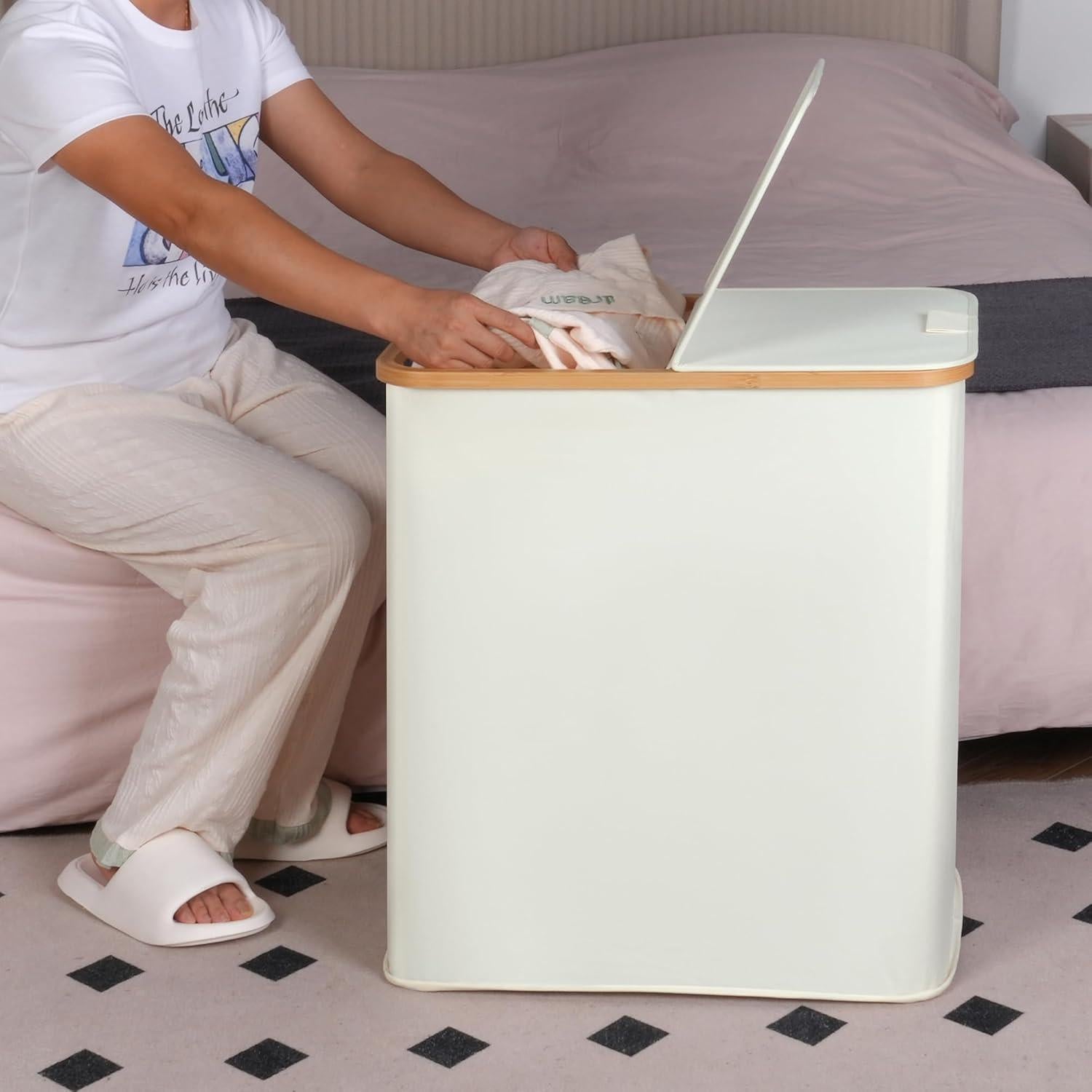 Cesto de Ropa Doble efluky 140L Beige con Tapa y Mangos