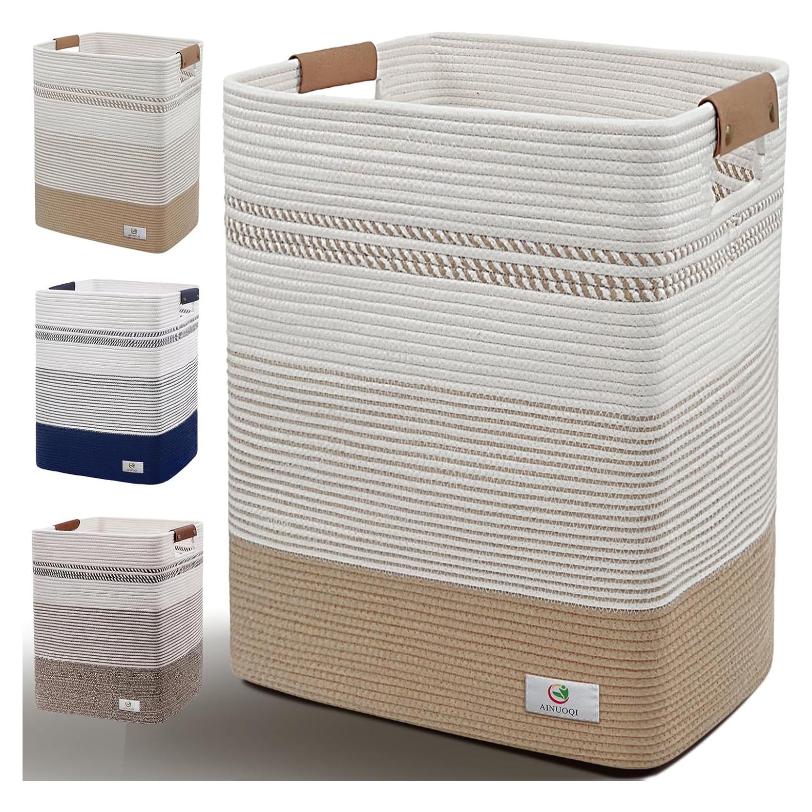 Cesta de lavandería AINUOQI 85L Algodón Yute Blanco Decorativa