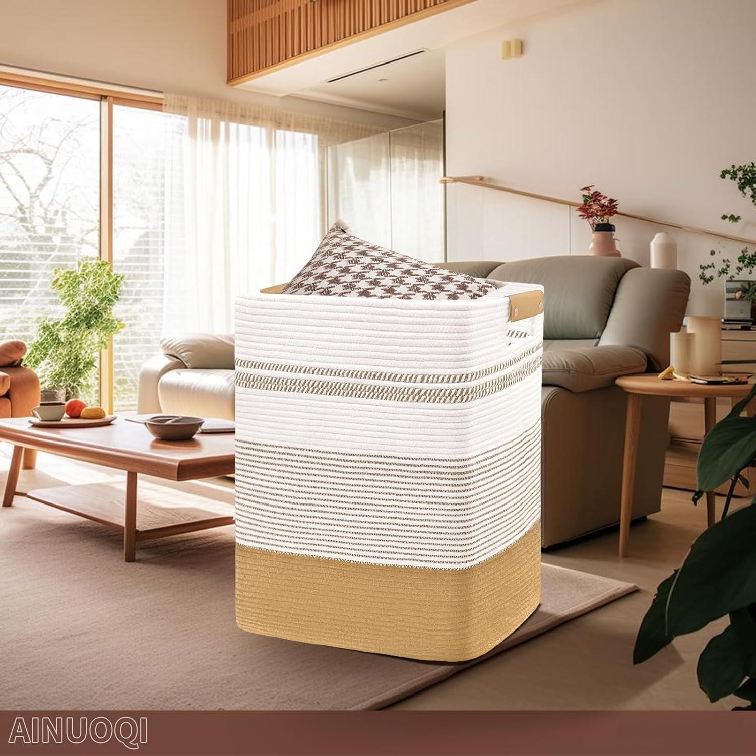 Cesta de lavandería AINUOQI 85L Algodón Yute Blanco Decorativa