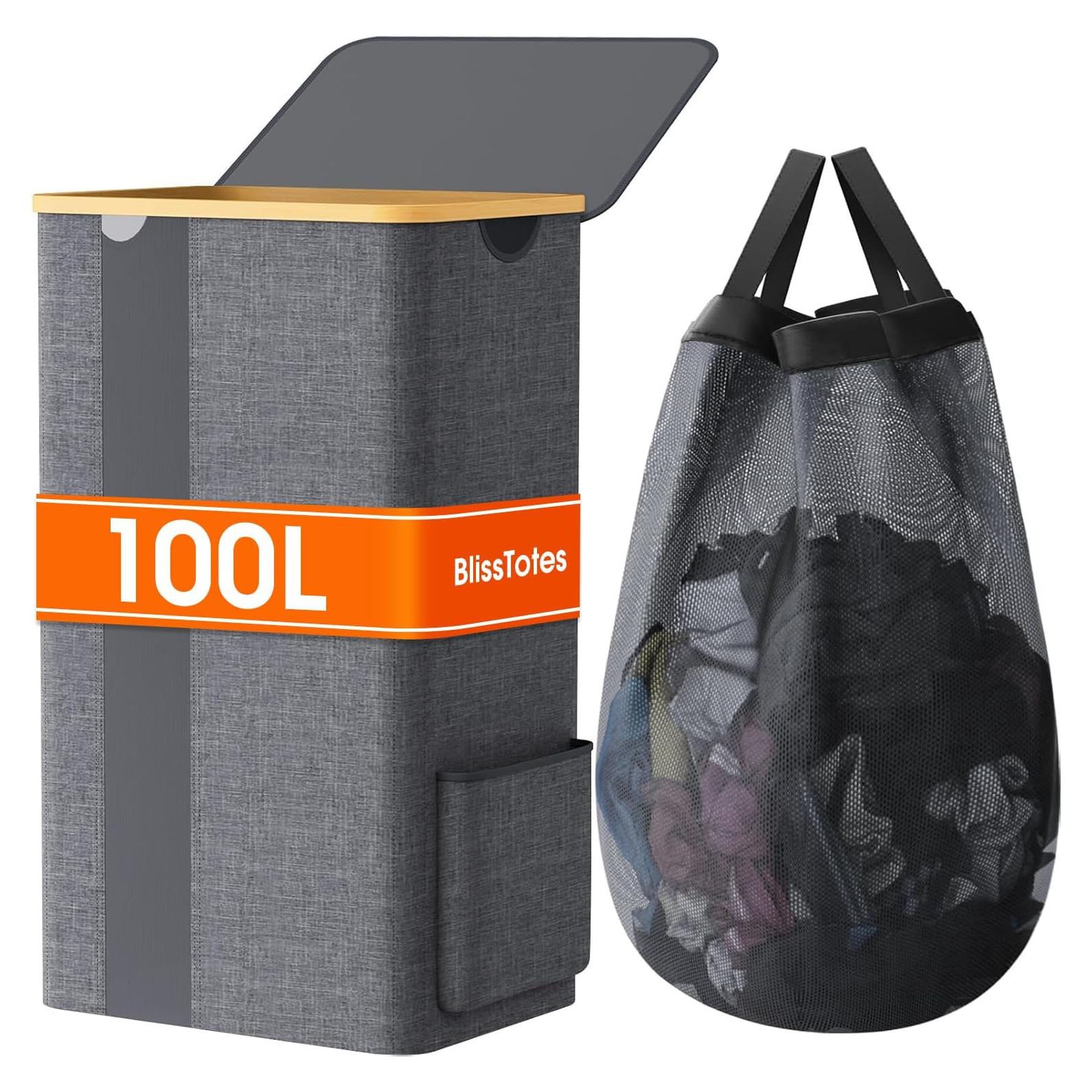 Cesta de Ropa BlissTotes 100L con Tapa y Asas - Gris Claro