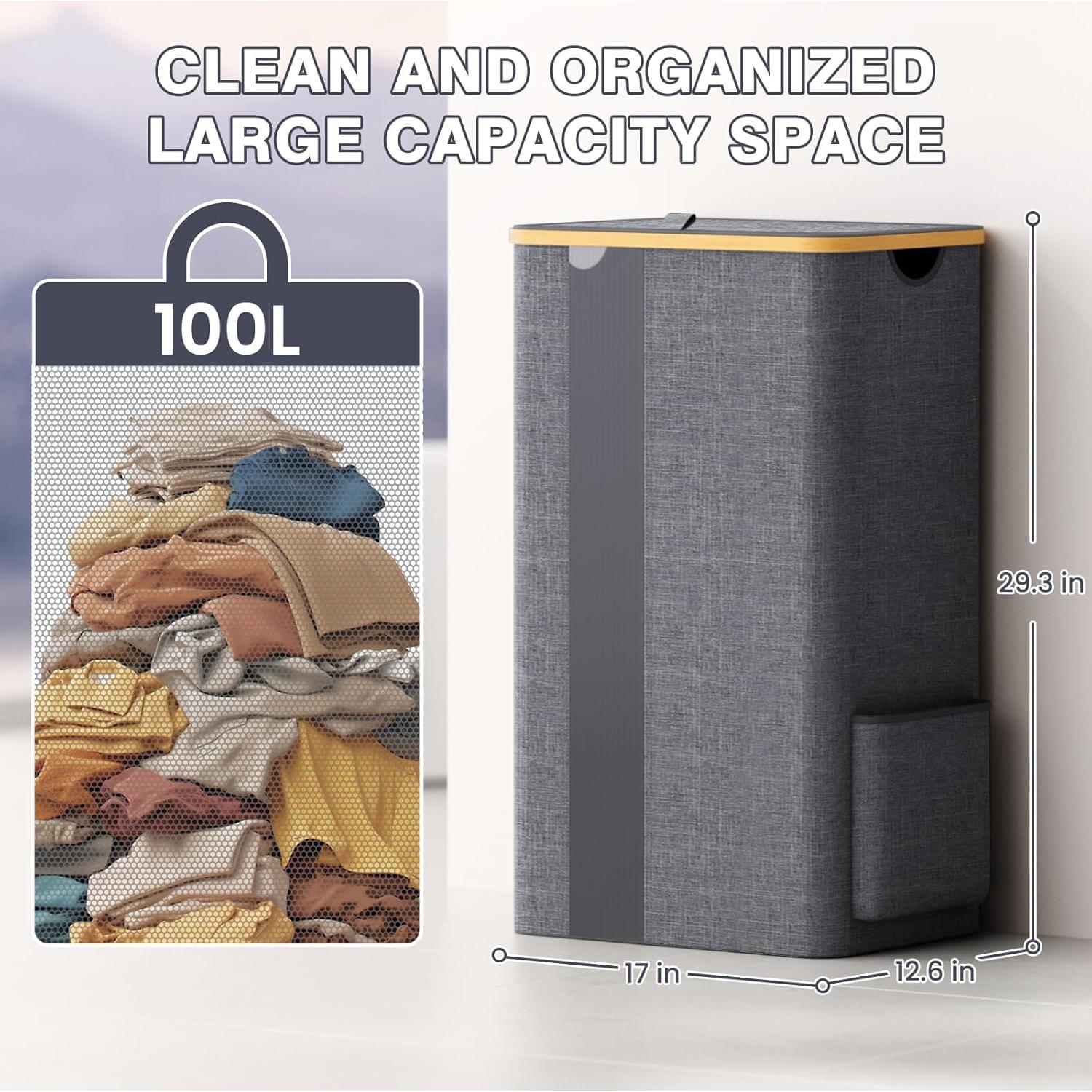 Cesta de Ropa BlissTotes 100L con Tapa y Asas - Gris Claro