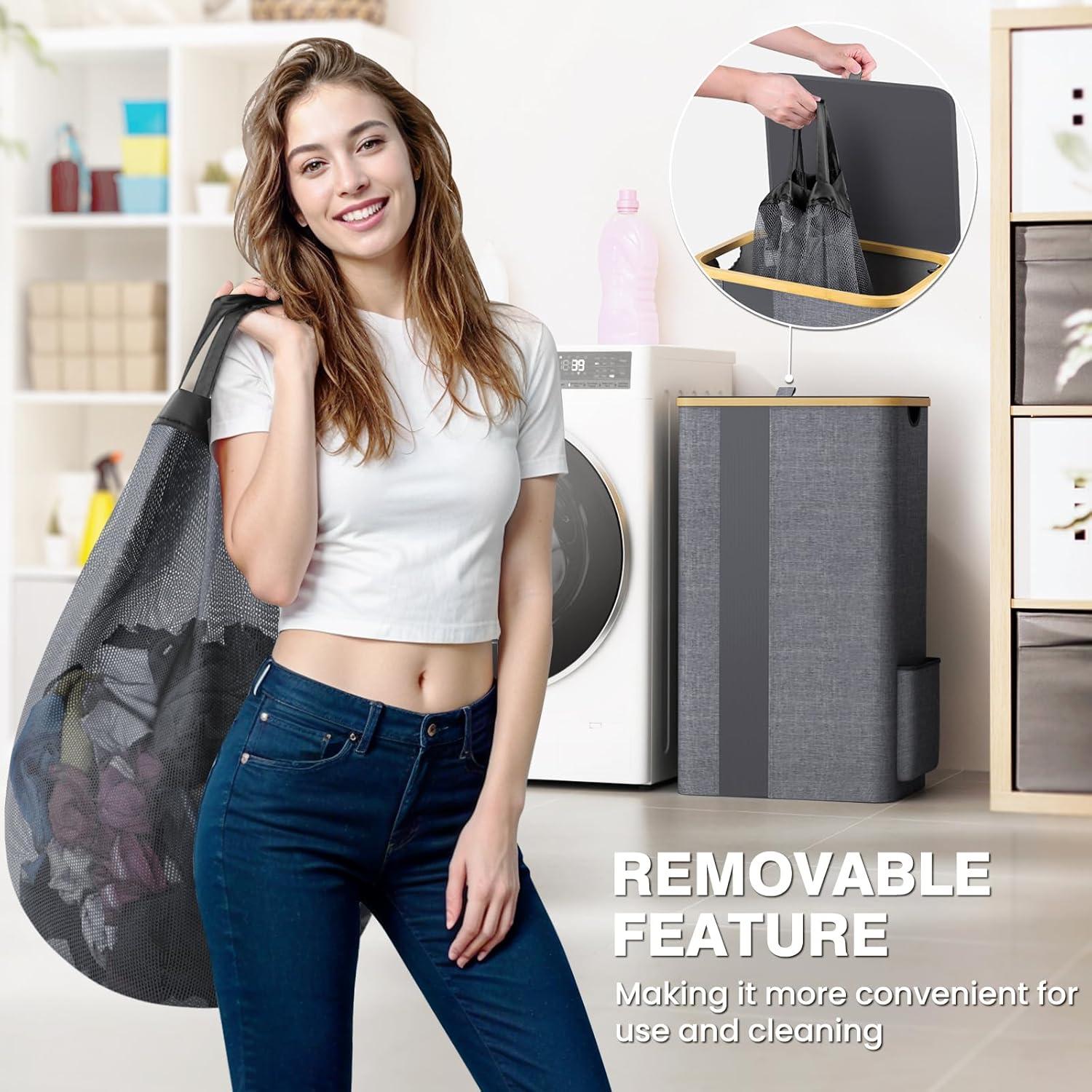 Cesta de Ropa BlissTotes 100L con Tapa y Asas - Gris Claro