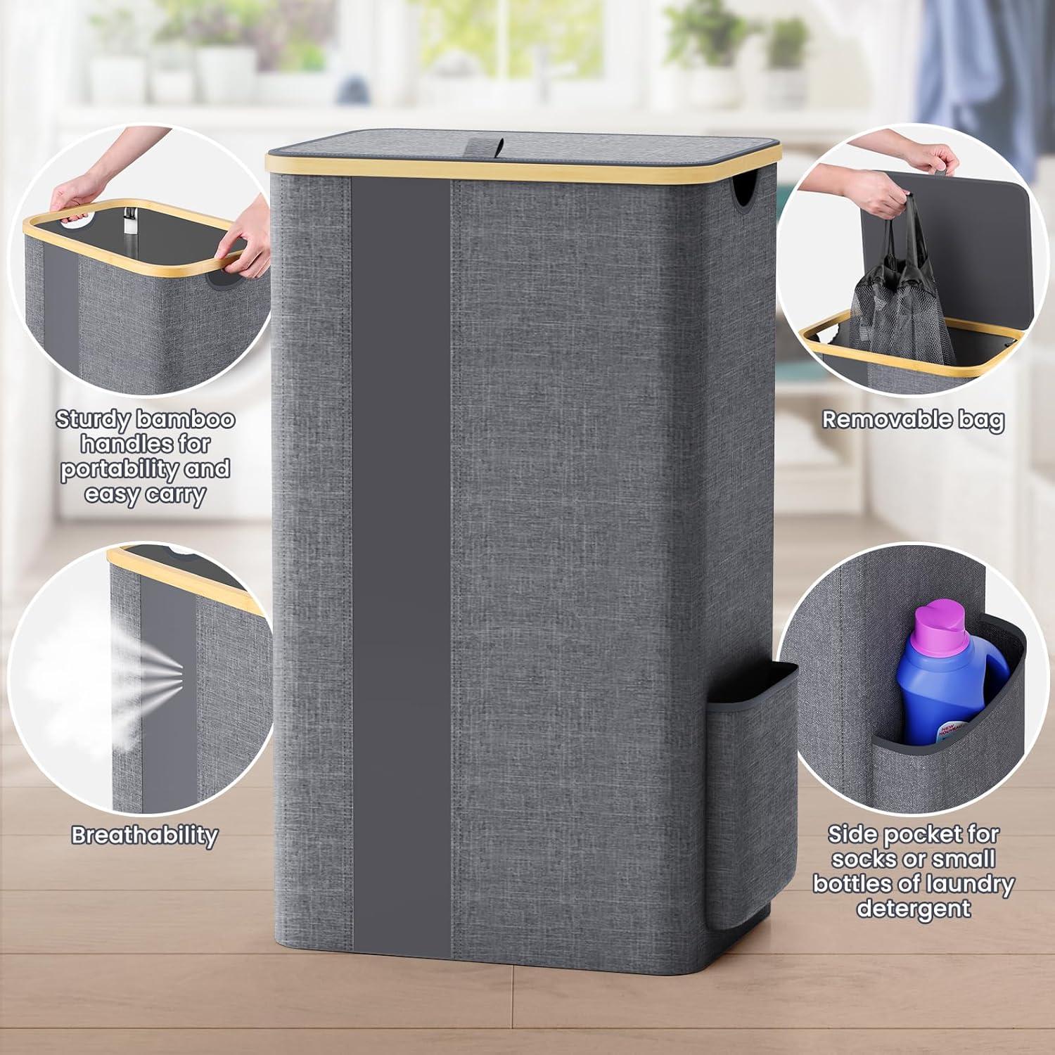 Cesta de Ropa BlissTotes 100L con Tapa y Asas - Gris Claro