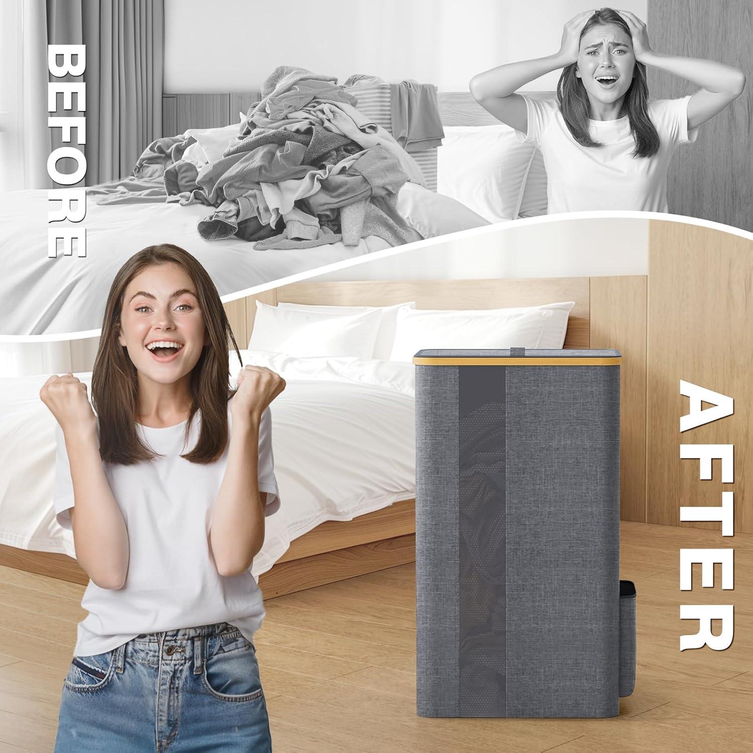 Cesta de Ropa BlissTotes 100L con Tapa y Asas - Gris Claro