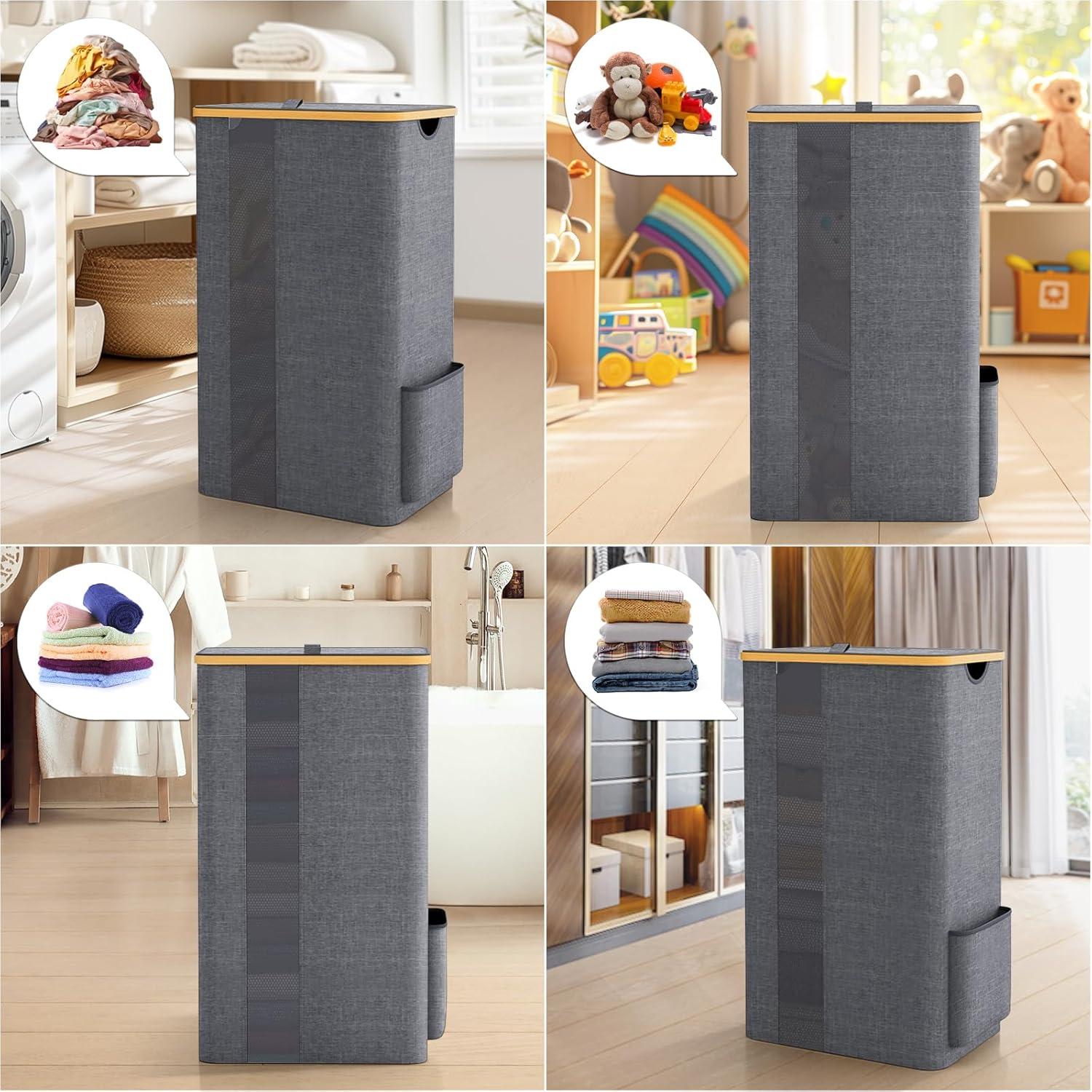 Cesta de Ropa BlissTotes 100L con Tapa y Asas - Gris Claro