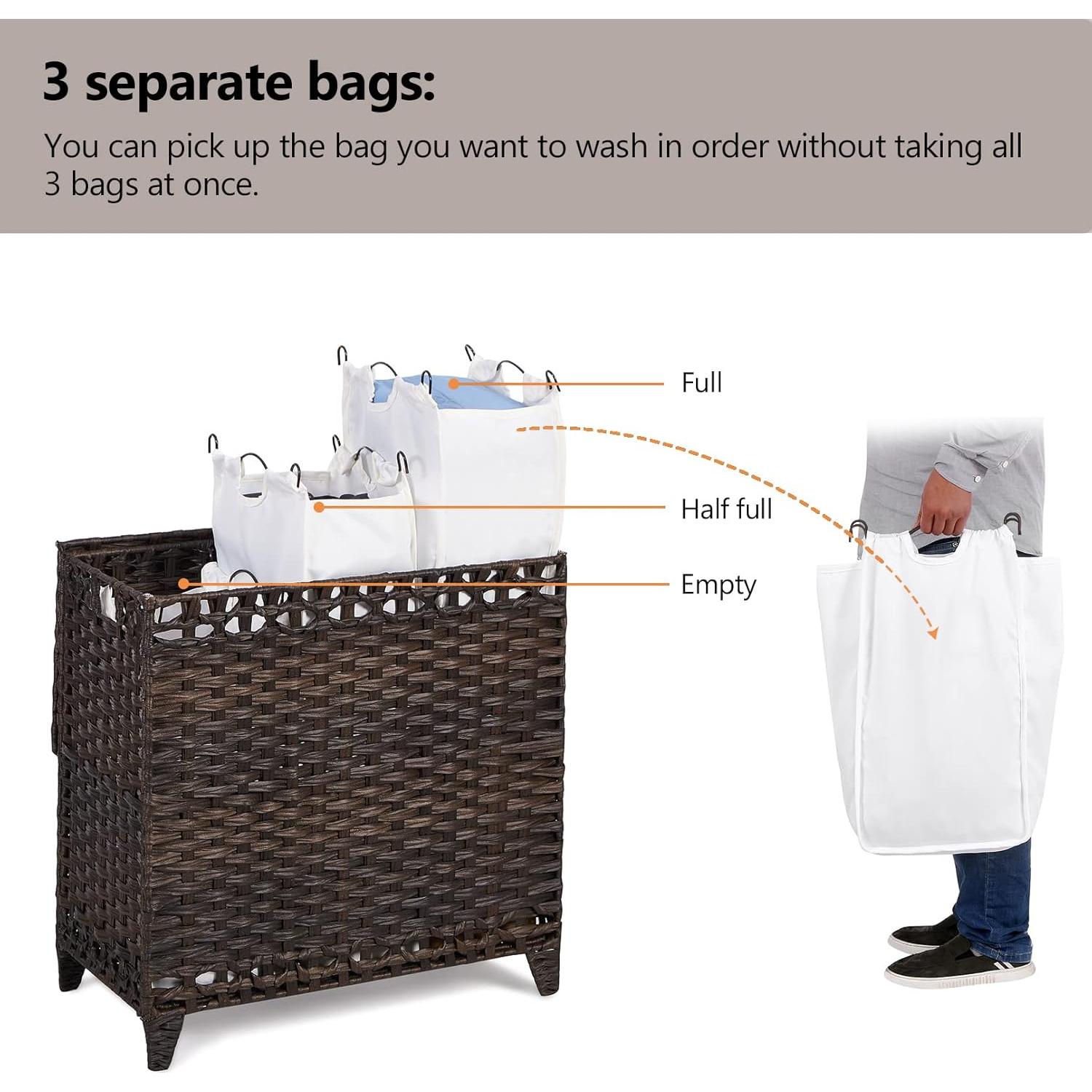 Cesta de Ropa Hermina 132L con 3 Bolsas Removibles Marrón