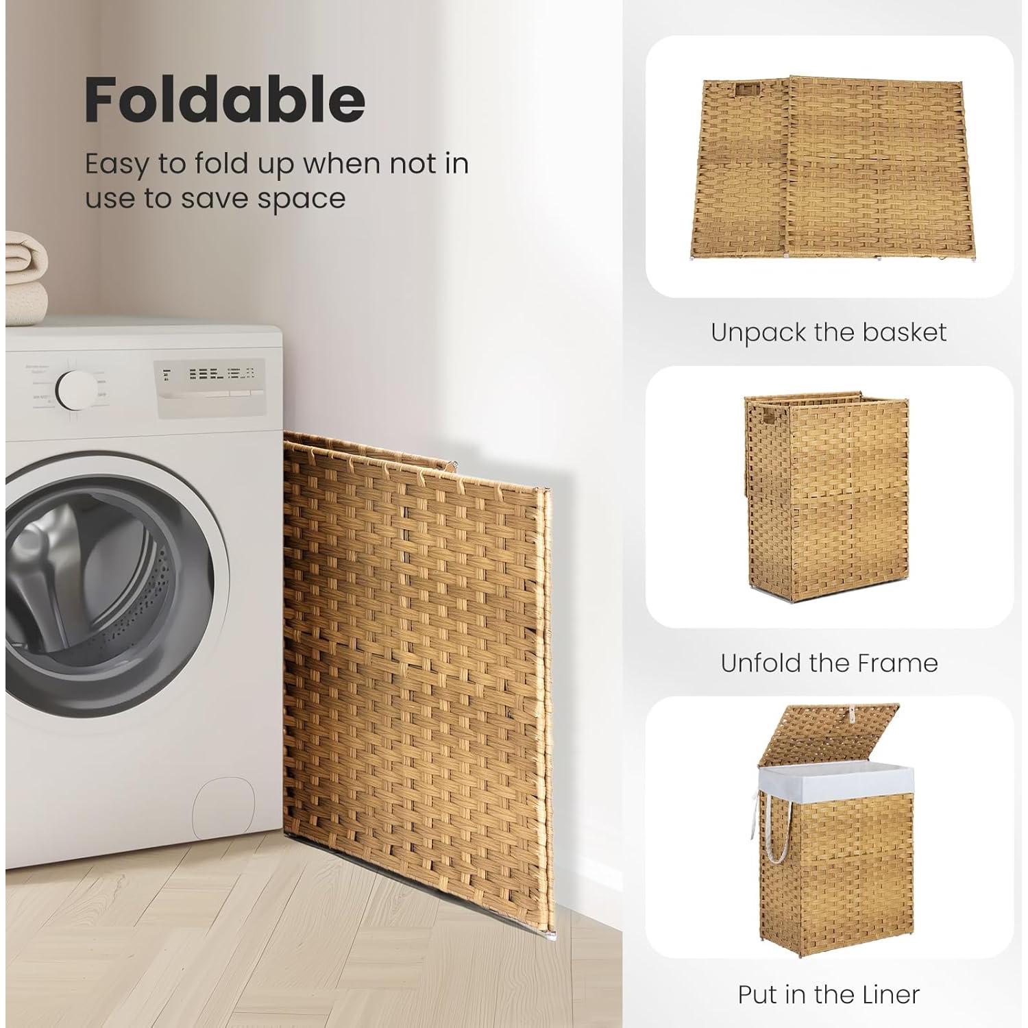 Cesta de Ropa Tejida DUMOS 90L Amarillo Ganso Plegable