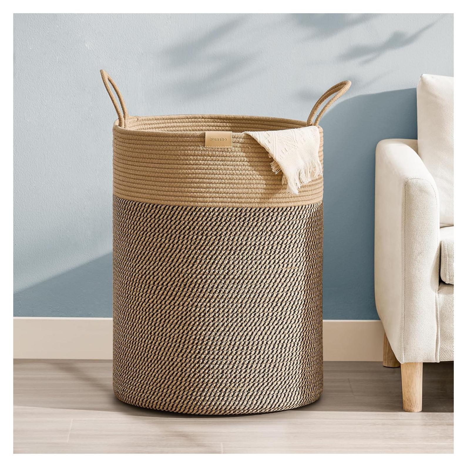 Cesta de Ropa Tejida Nunsino 95L Algodón Marrón Oscuro