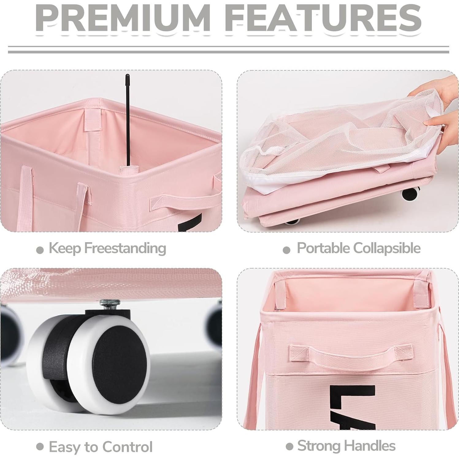 Cesta de Ropa Plegable CHICVITA Rosa 75L con Ruedas