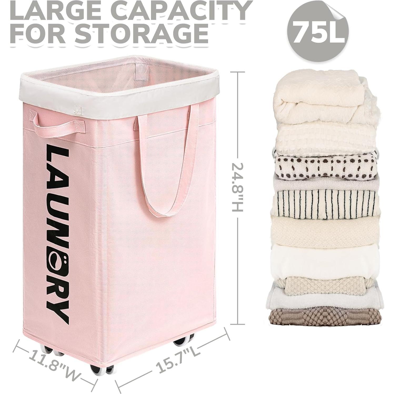 Cesta de Ropa Plegable CHICVITA Rosa 75L con Ruedas