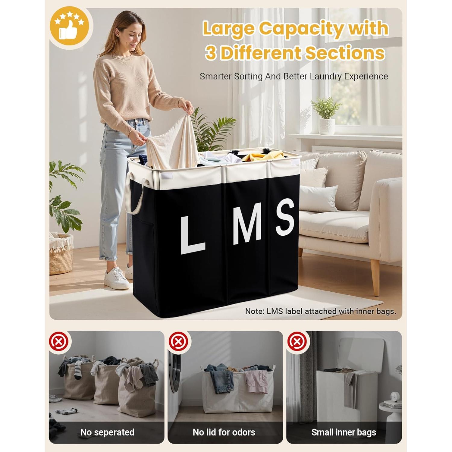 Cesto de Ropa 190L Furicher con Tapa y 3 Secciones